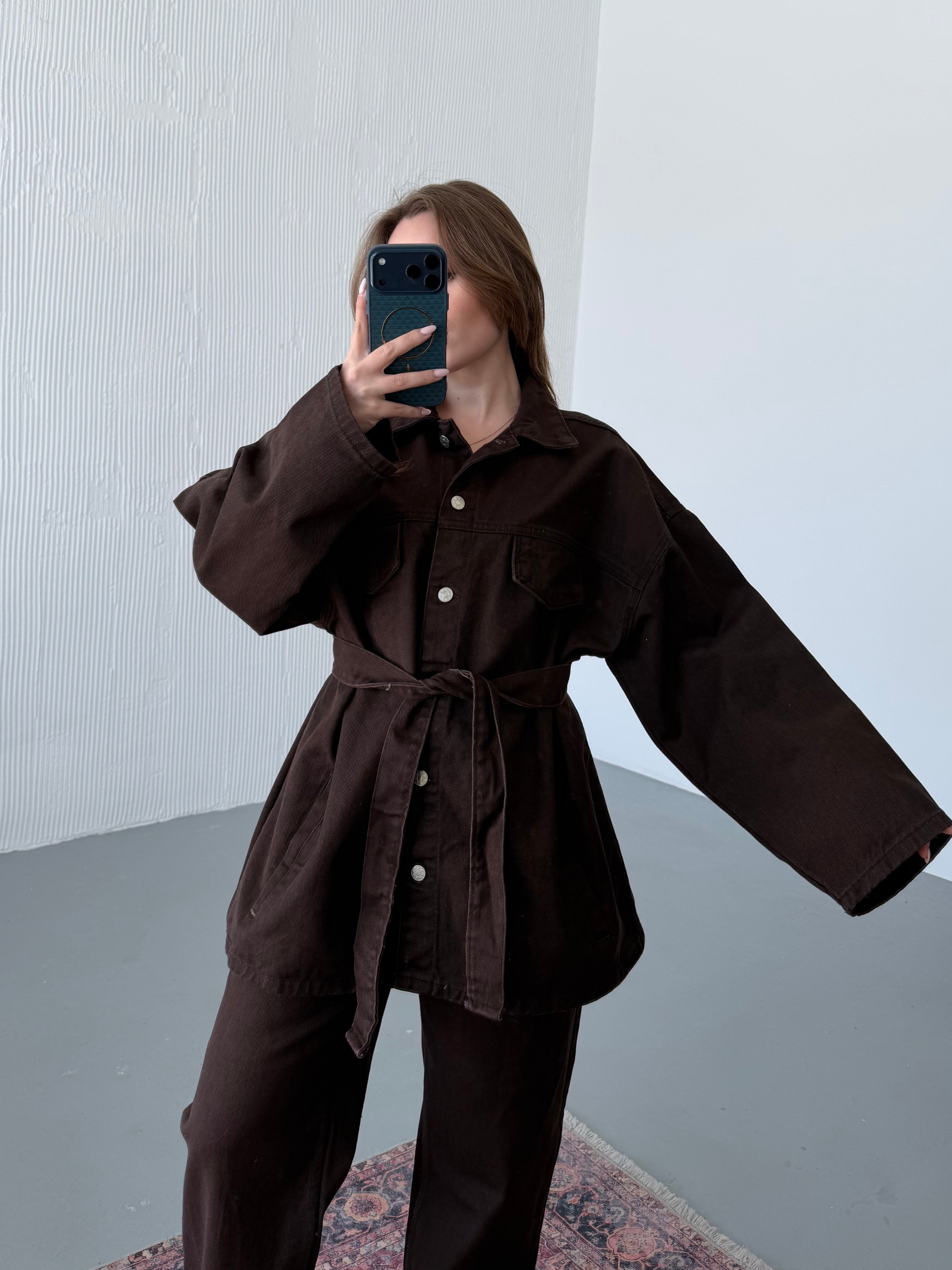 Kahverengi Denim Ceket Pantolon Takım