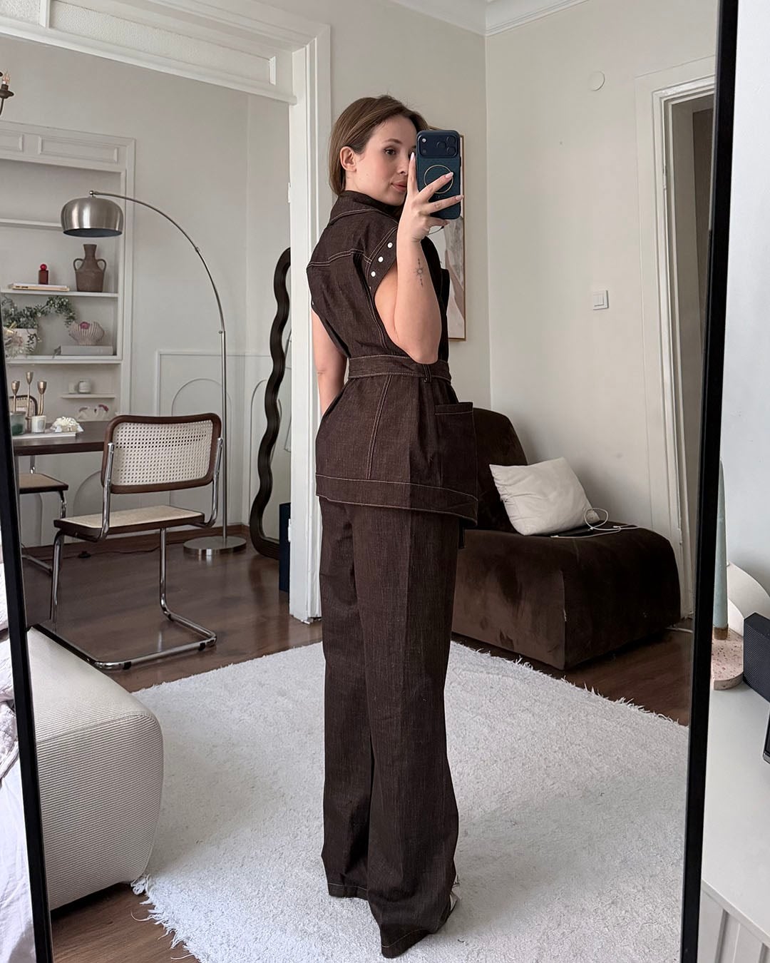 Luxe Denim Dokulu Kahverengi Yelek Pantolon Takım