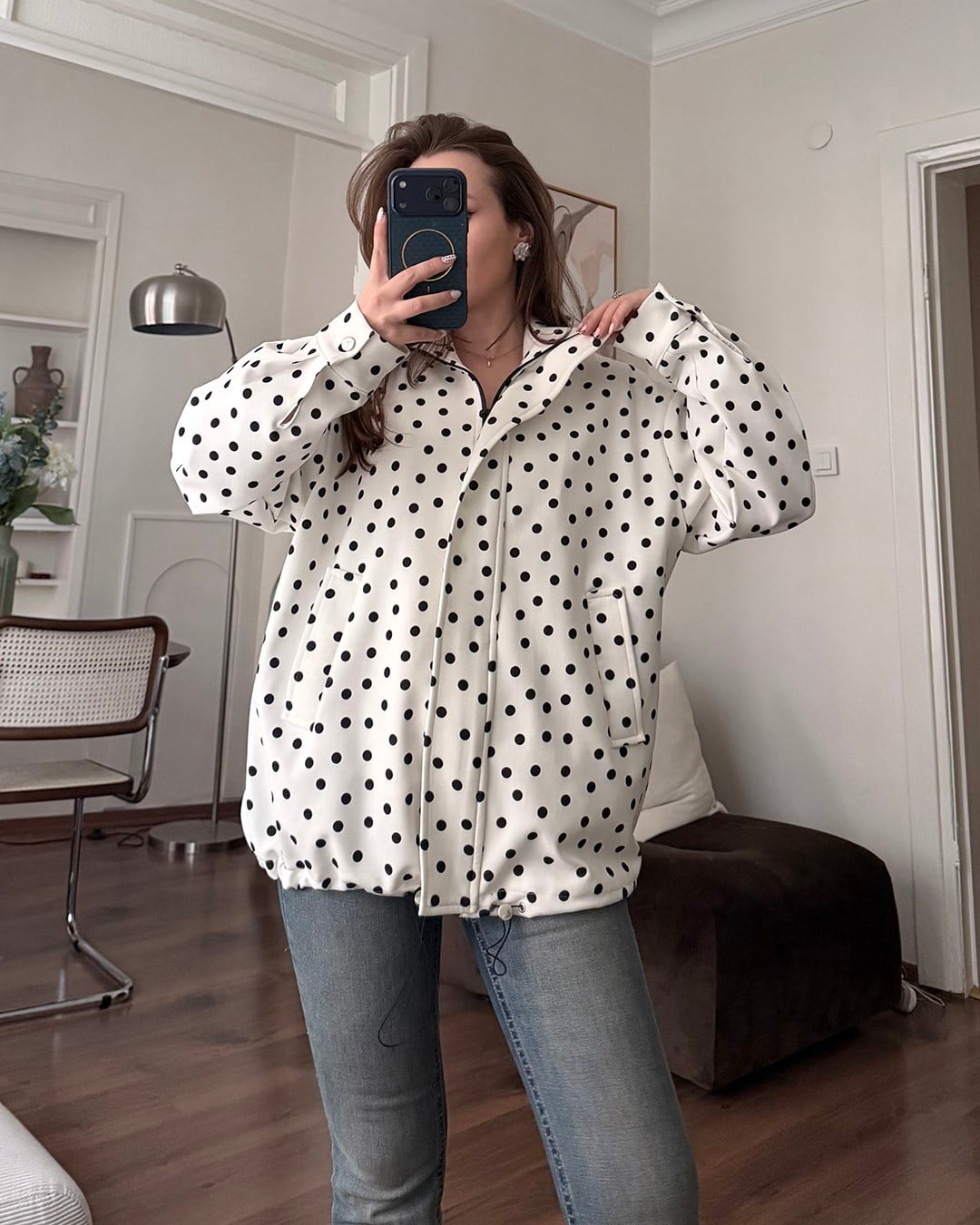 Puantiyeli Beyaz Bomber Ceket