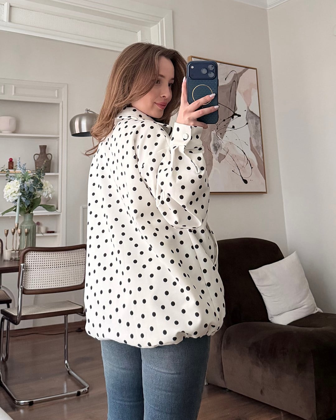 Puantiyeli Beyaz Bomber Ceket