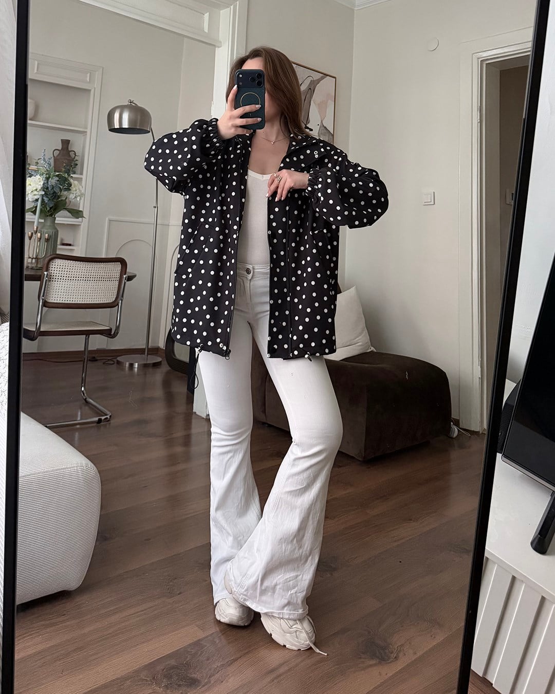 Puantiyeli Siyah Bomber Ceket