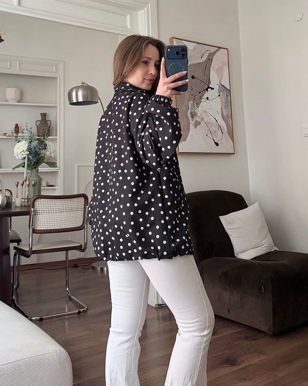 Puantiyeli Siyah Bomber Ceket