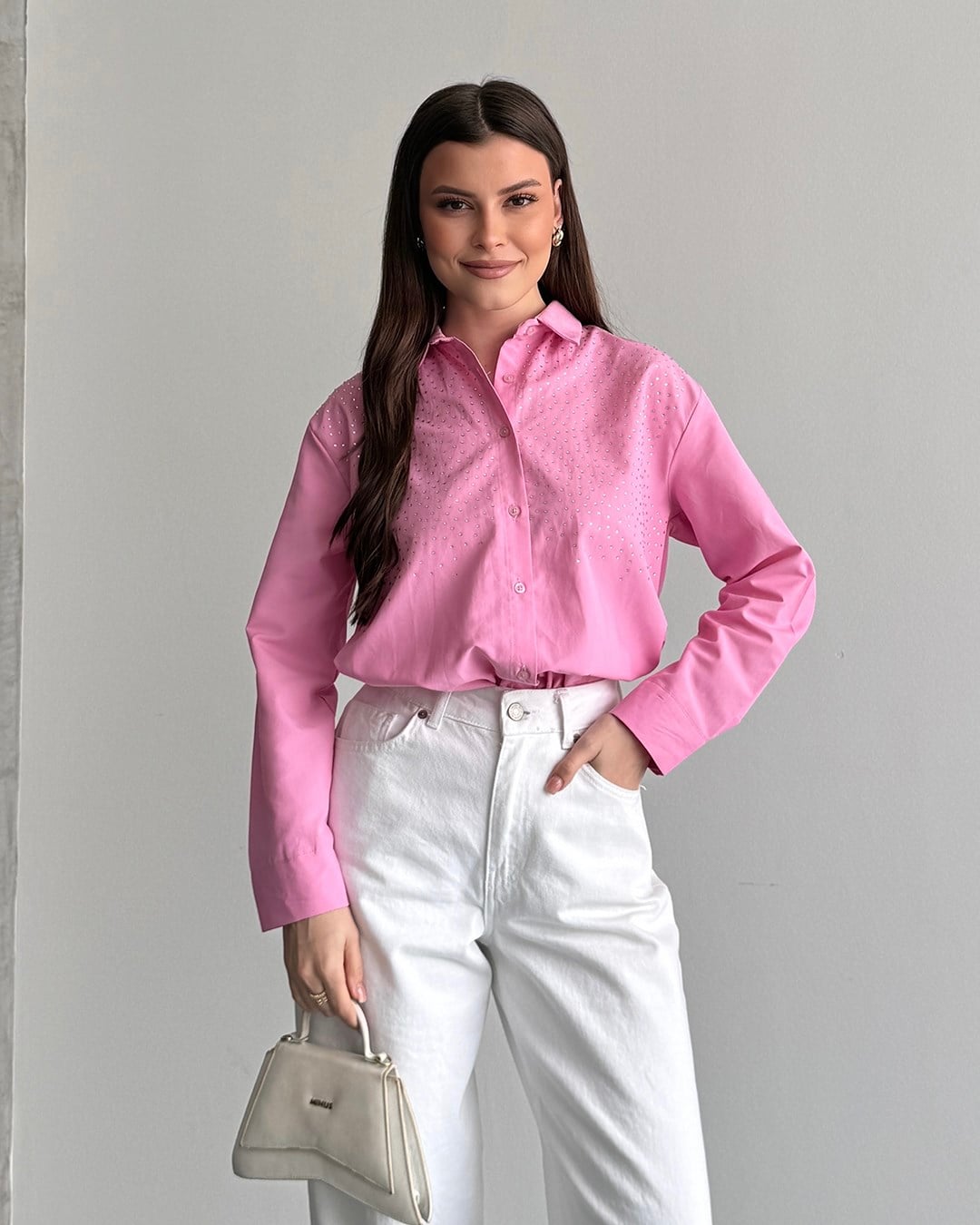 Riva Taş İşlemeli Pembe Gömlek