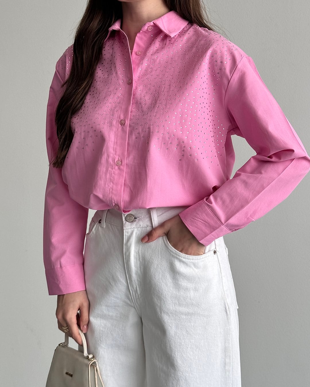 Riva Taş İşlemeli Pembe Gömlek