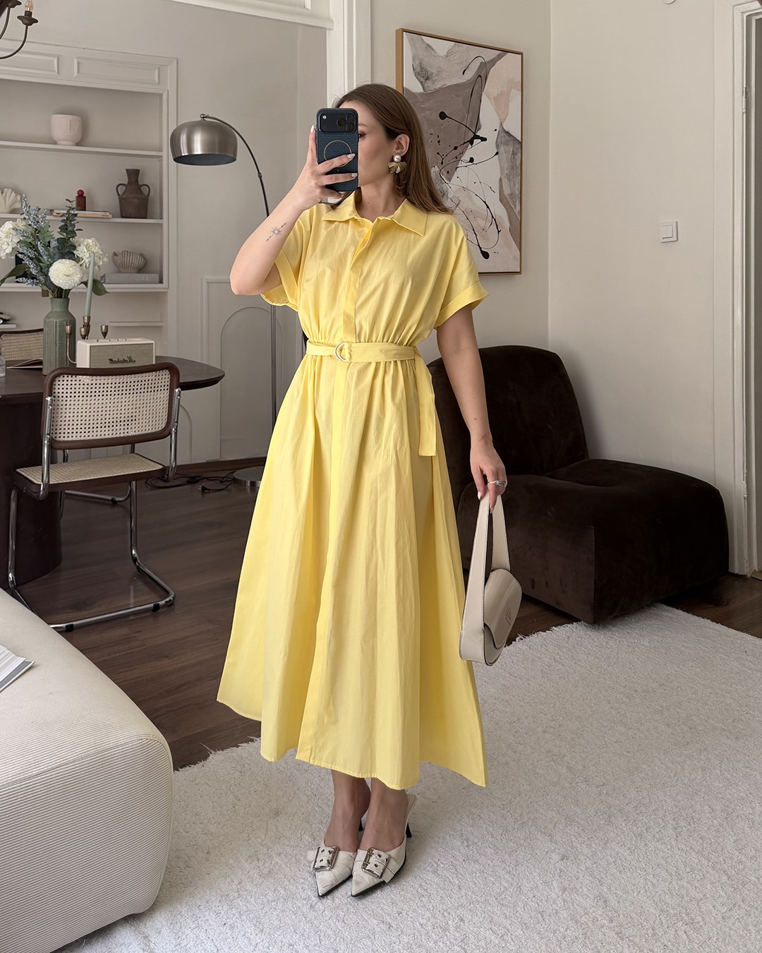 Sarı Kemerli Midi Elbise