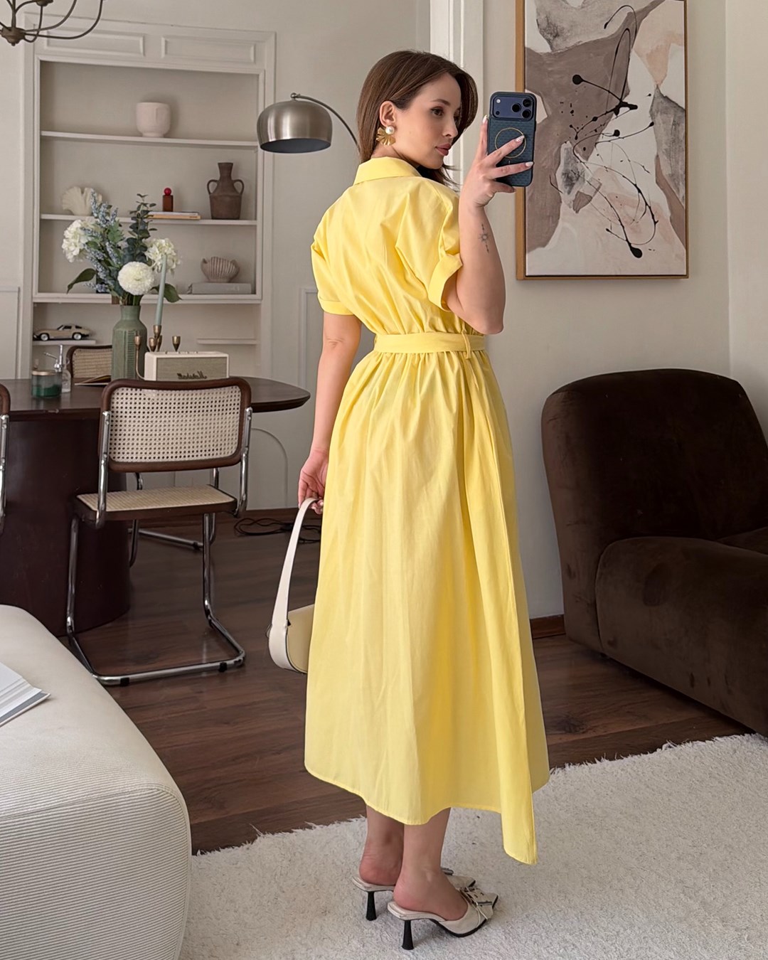 Sarı Kemerli Midi Elbise