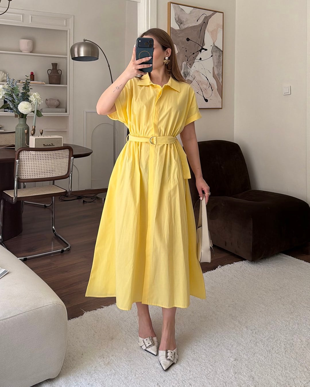 Sarı Kemerli Midi Elbise