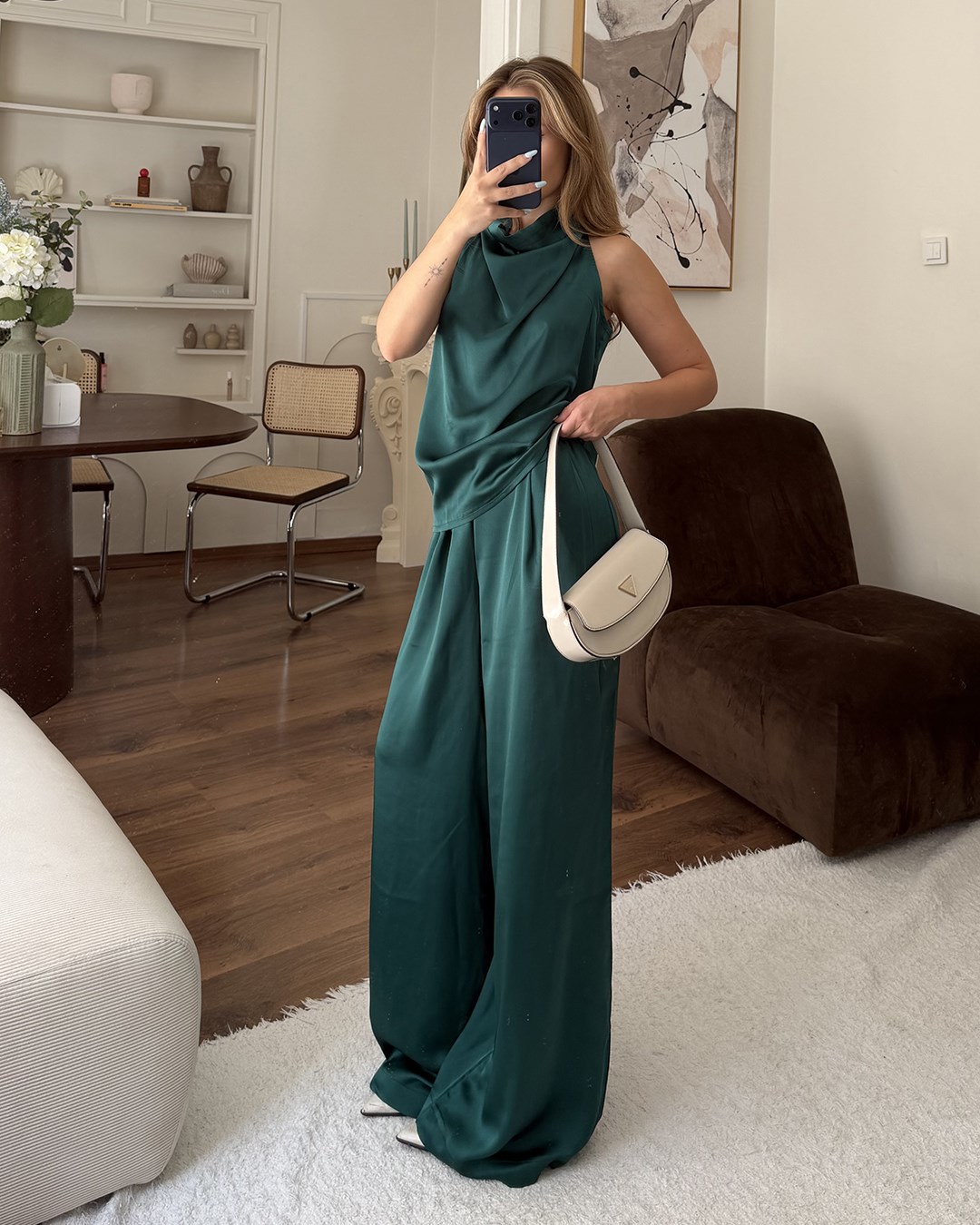 Sienna Saten Zümrüt Yeşili İkili Takım