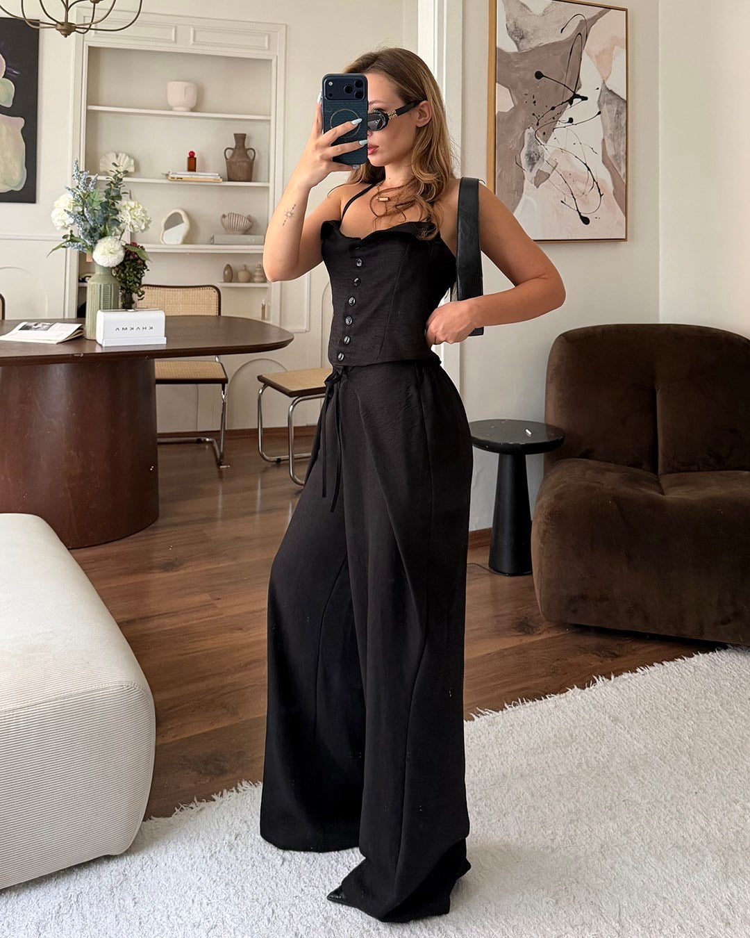 Siyah Askılı Büstiyer Pantolon Takım