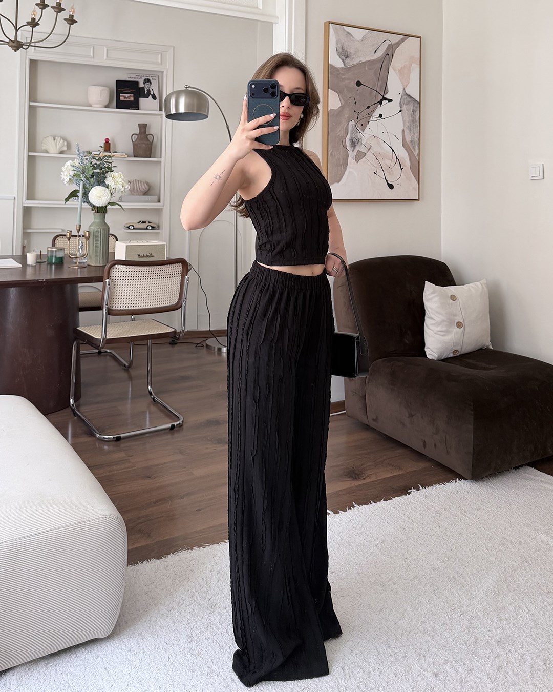 Siyah Fitilli Crop Bluz Palazzo Pantolon Takım