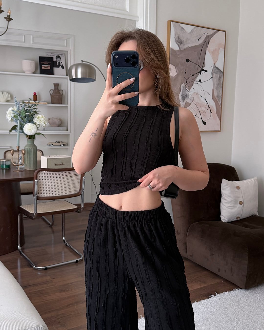 Siyah Fitilli Crop Bluz Palazzo Pantolon Takım