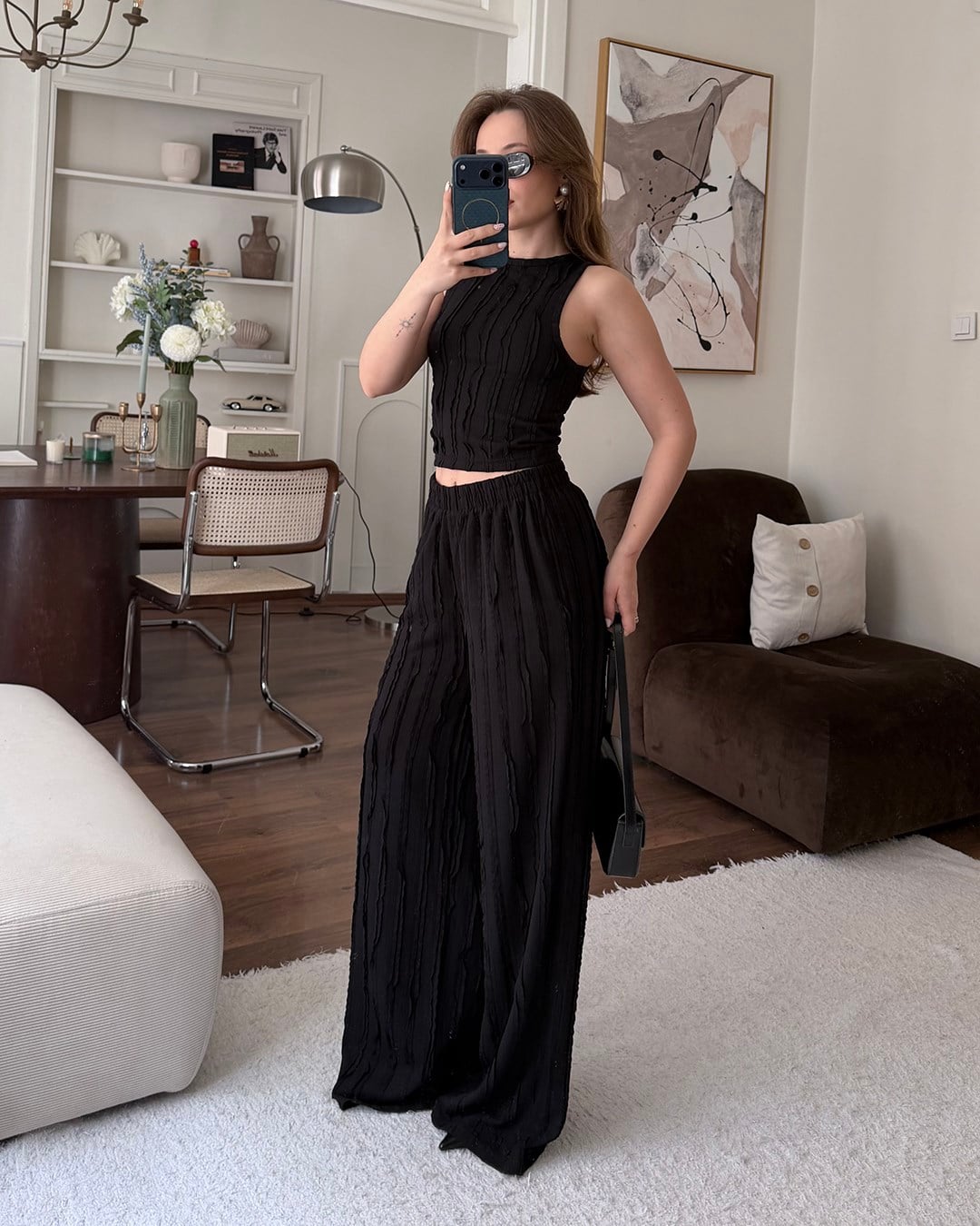 Siyah Fitilli Crop Bluz Palazzo Pantolon Takım