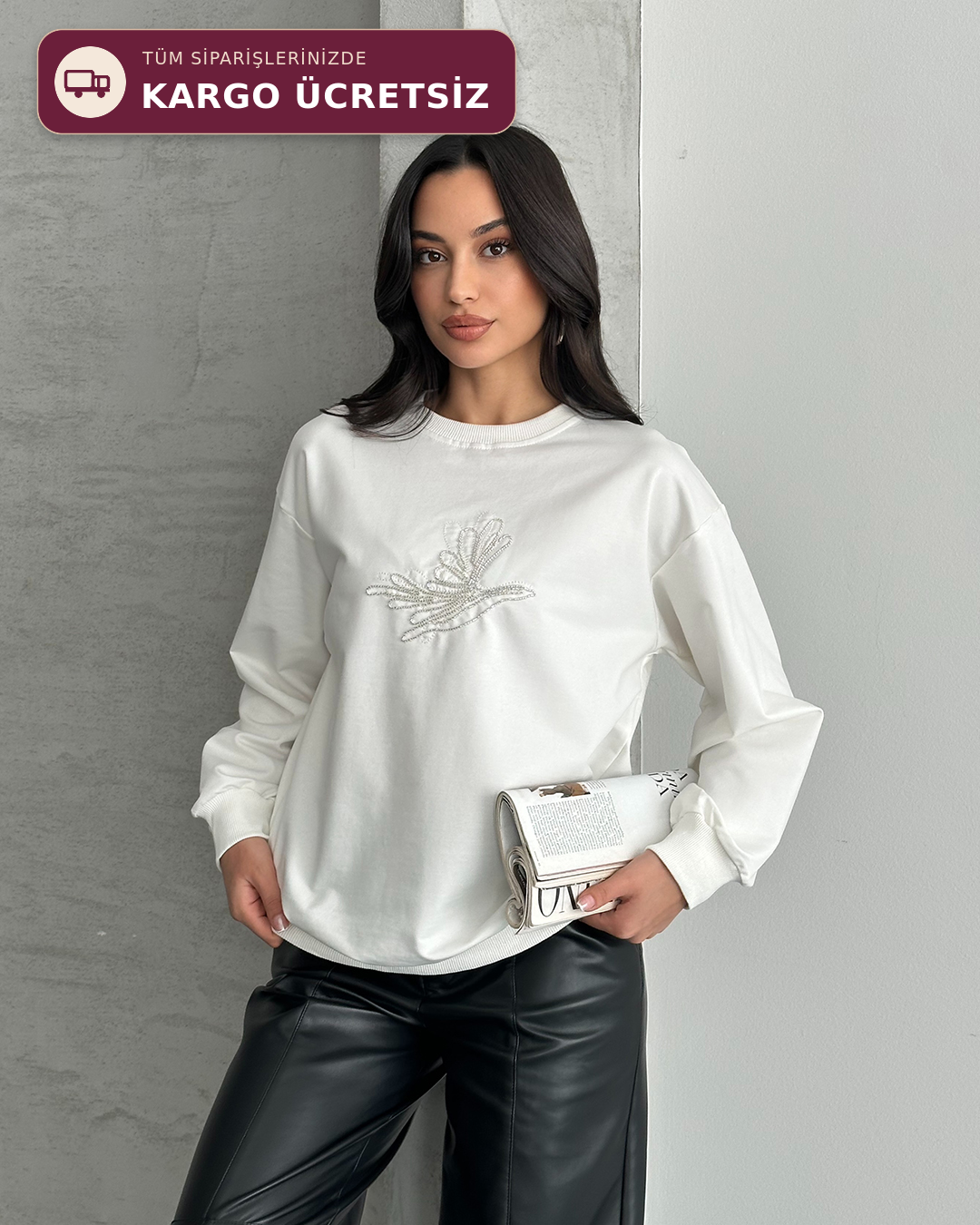 Taş Detaylı Unisex Beyaz Sweatshirt