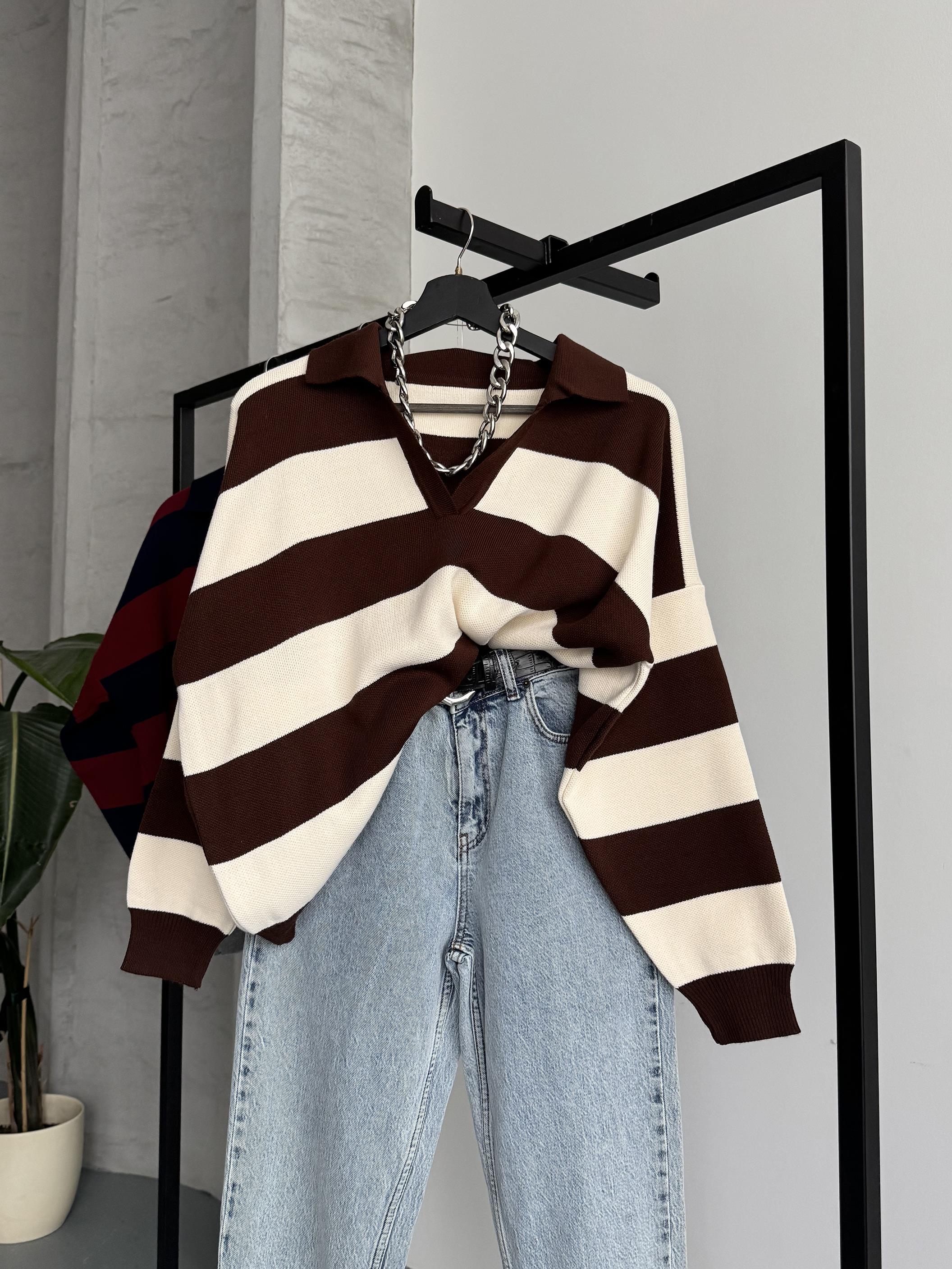 Taş-Kahverengi Çizgili Polo Yaka Triko Kazak