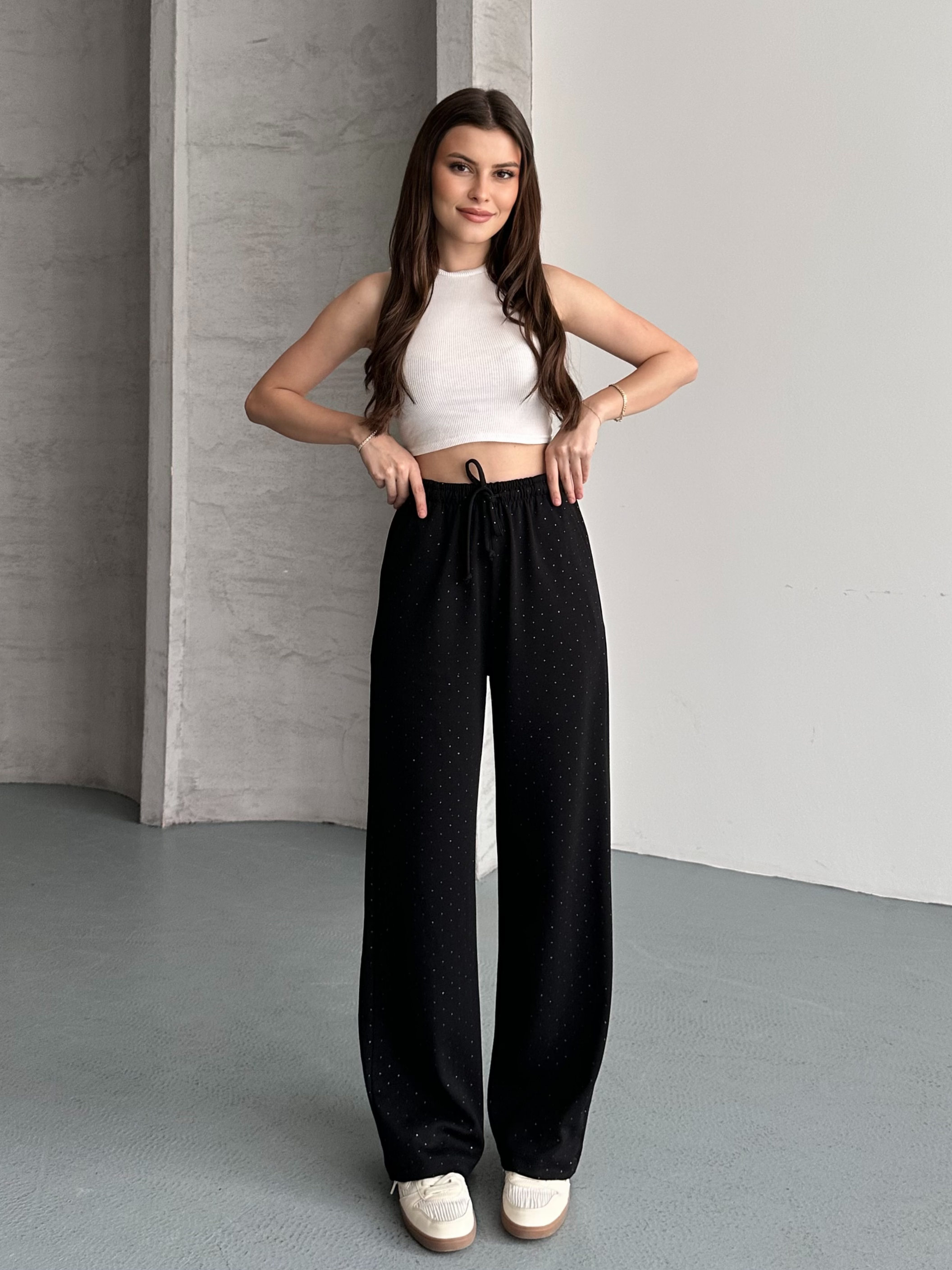 Taşlı Oversize Siyah Alt Eşofman