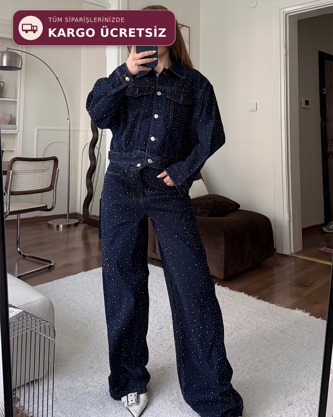 Taşlı Denim Ceket Pantolon İkili Takım