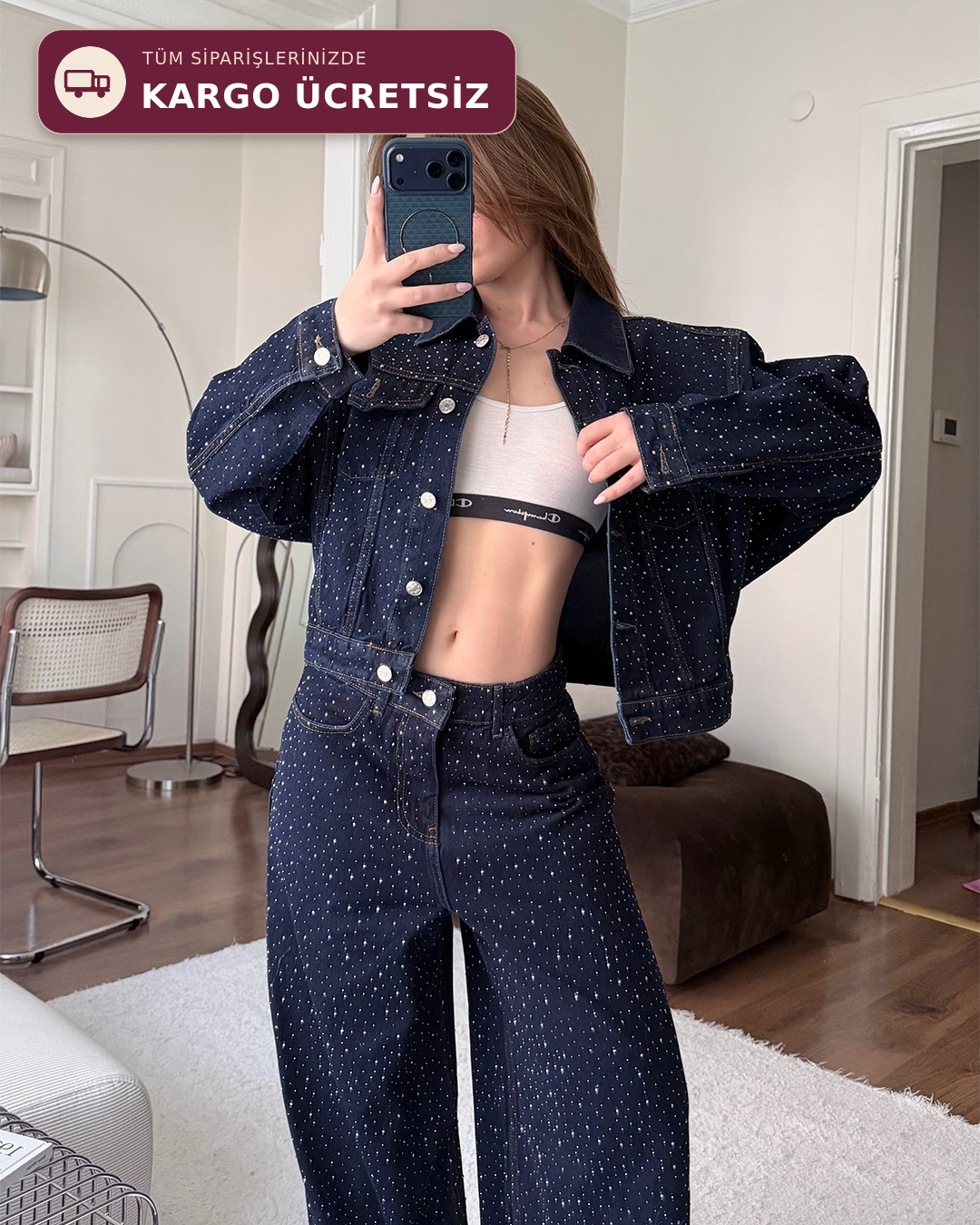 Taşlı Denim Ceket Pantolon İkili Takım