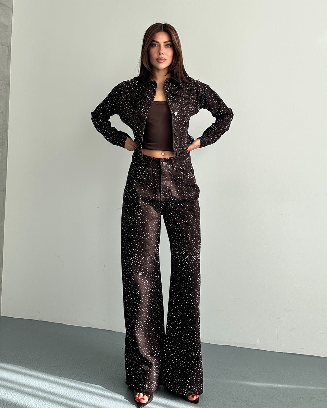 Taşlı Kahverengi Denim Ceket Pantolon İkili Takım