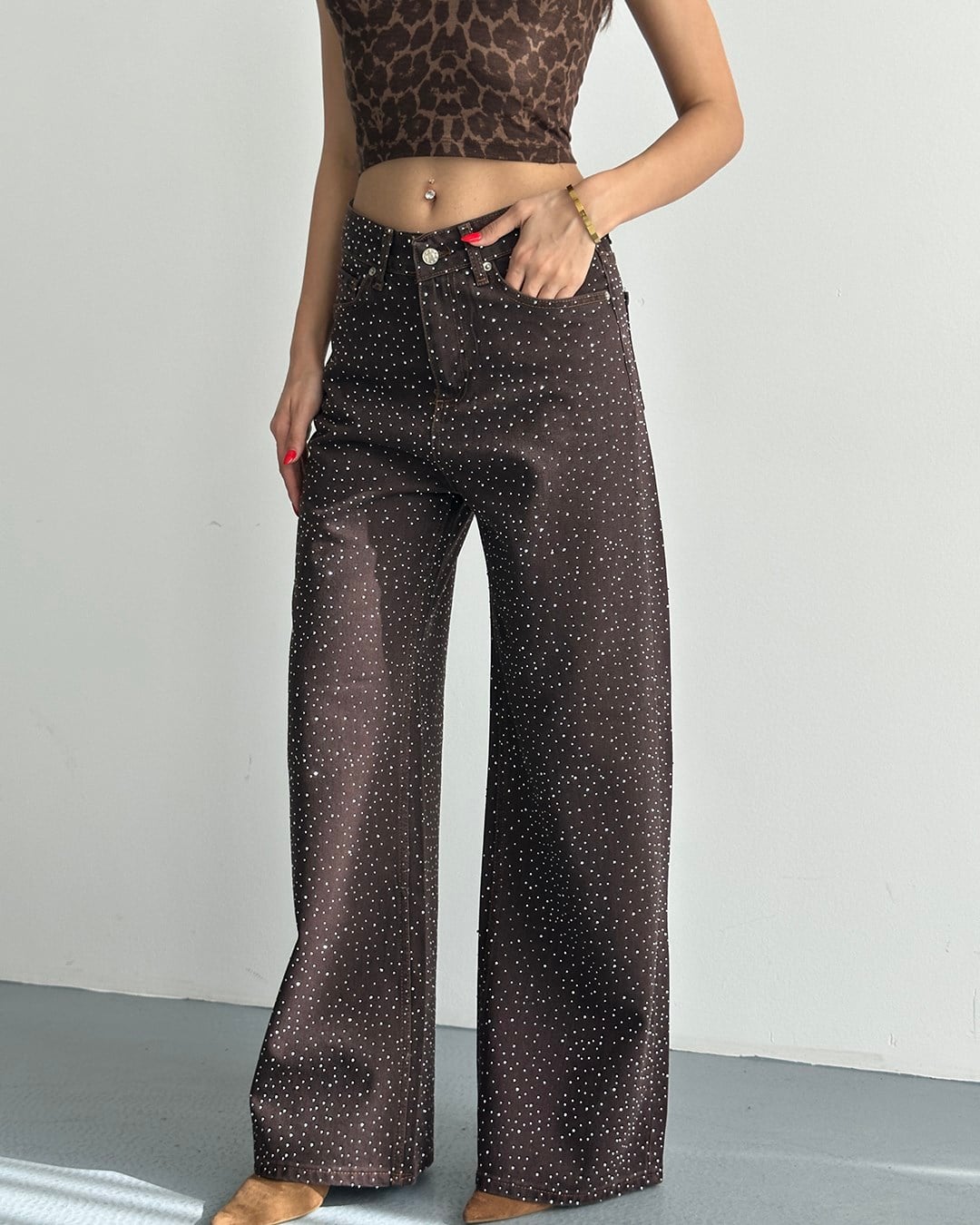Taşlı Kahverengi Denim Ceket Pantolon İkili Takım