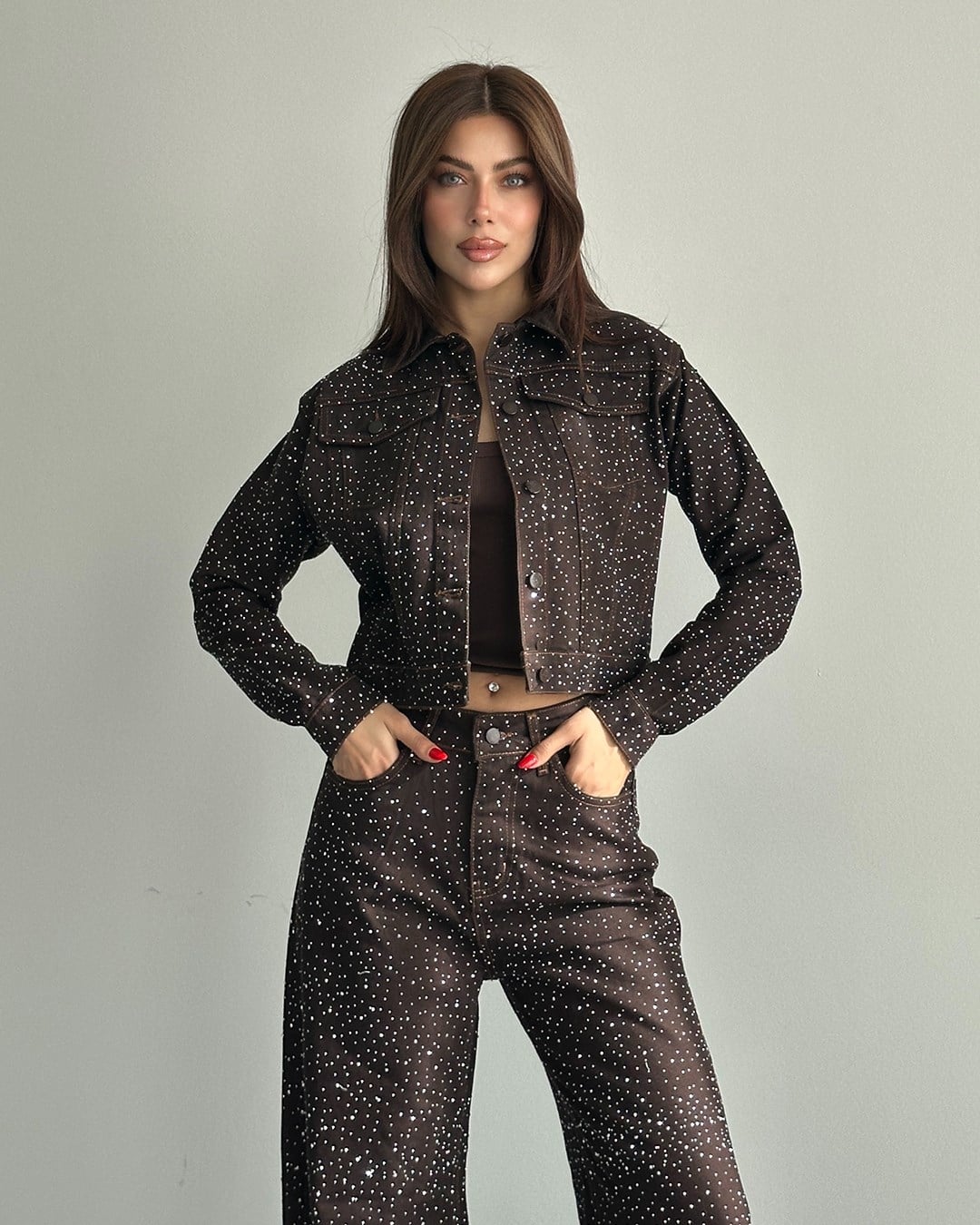 Taşlı Kahverengi Denim Ceket Pantolon İkili Takım