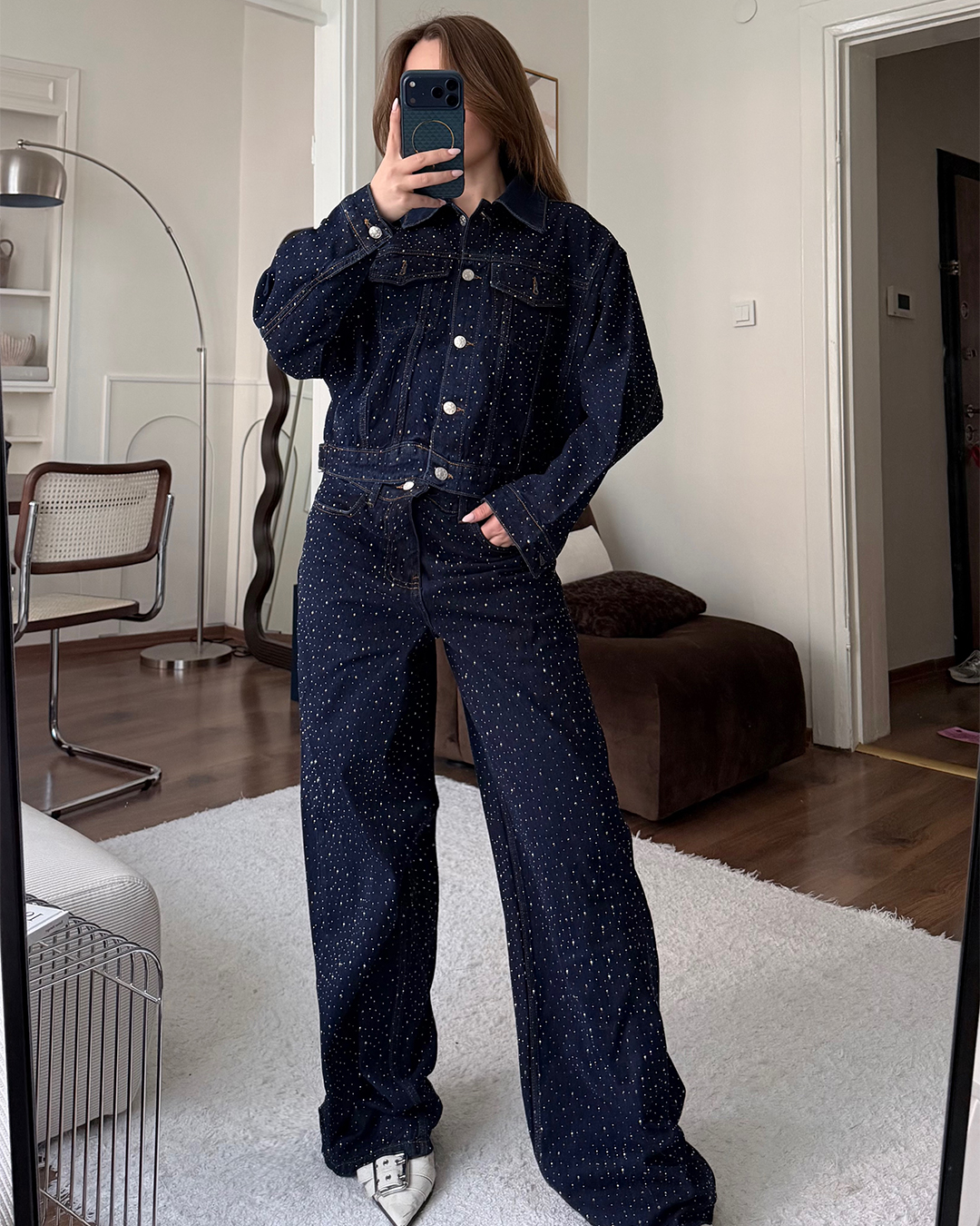 Taşlı Denim Ceket Pantolon İkili Takım