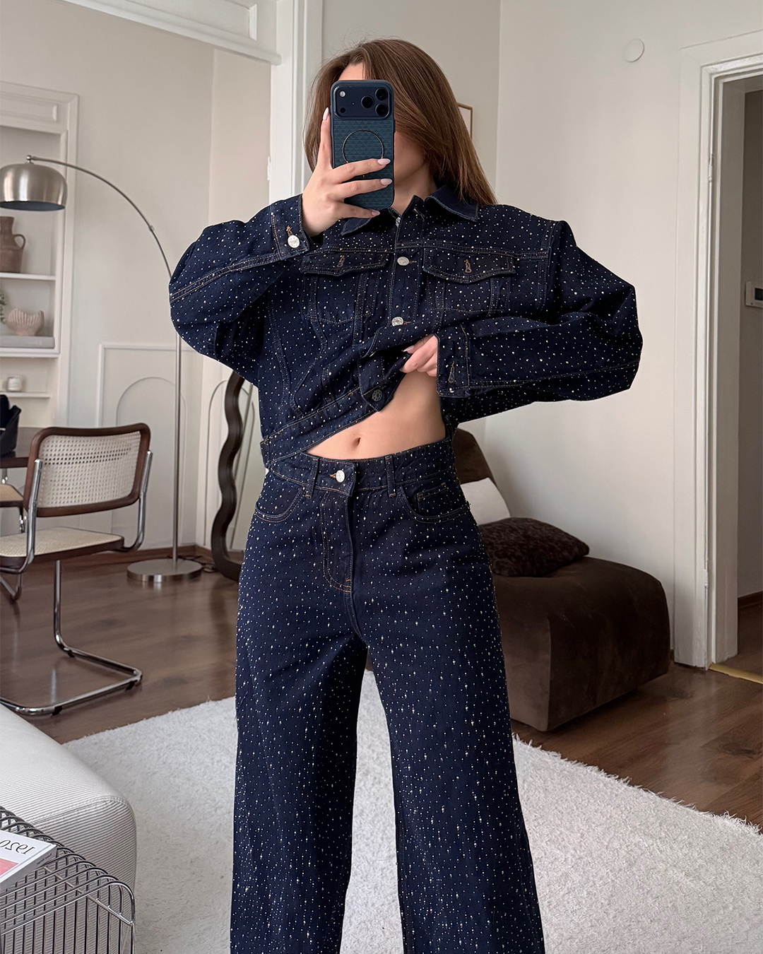 Taşlı Denim Ceket Pantolon İkili Takım