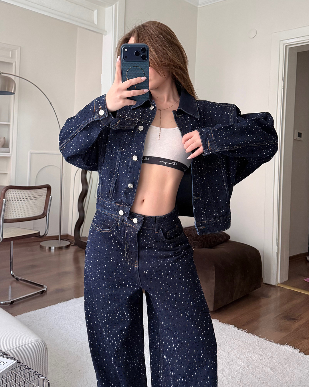 Taşlı Denim Ceket Pantolon İkili Takım