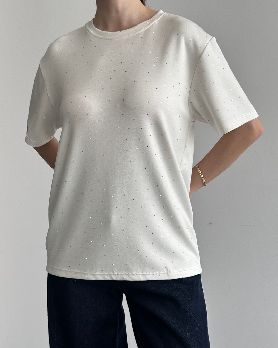 Taşlı Oversize Beyaz Tişört