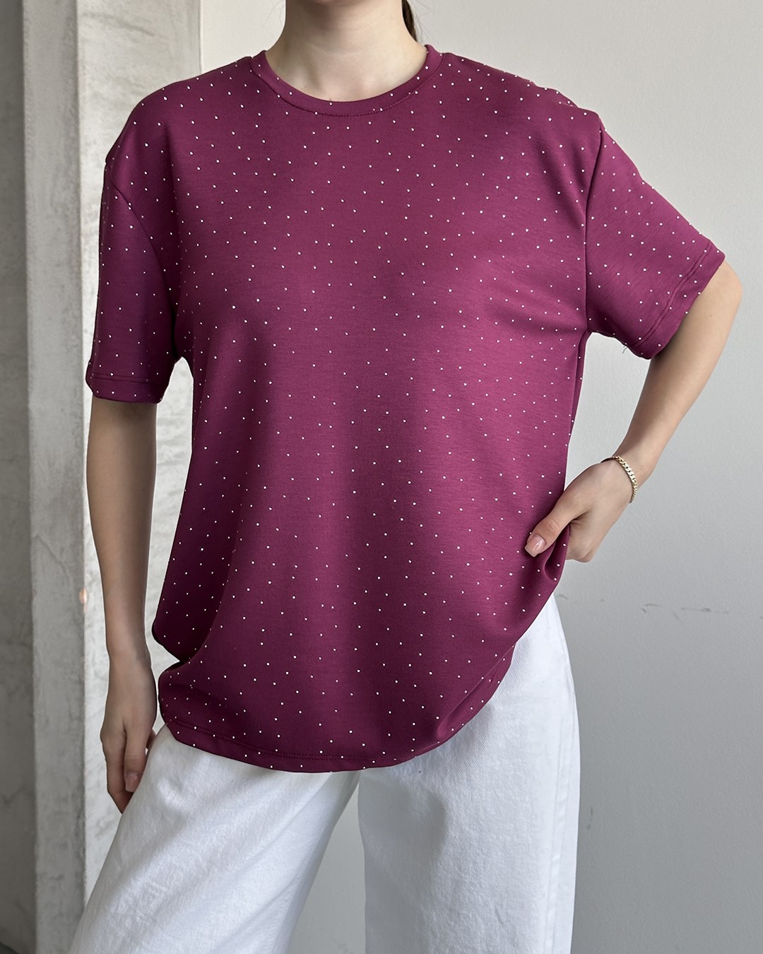 Taşlı Oversize Bordo Tişört