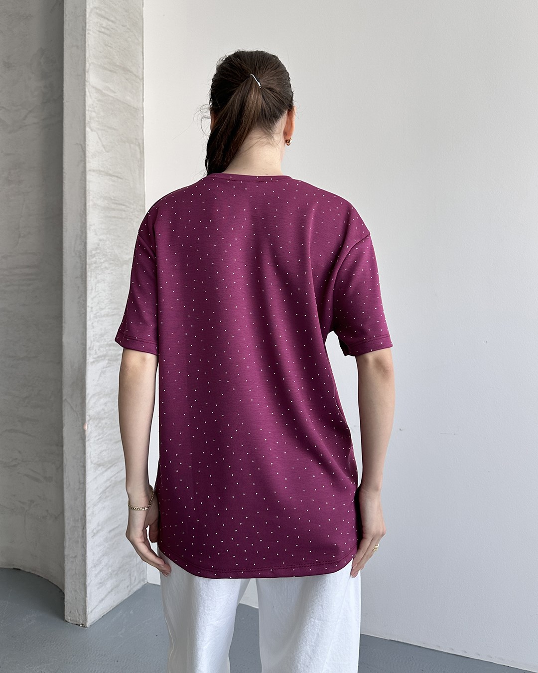 Taşlı Oversize Bordo Tişört