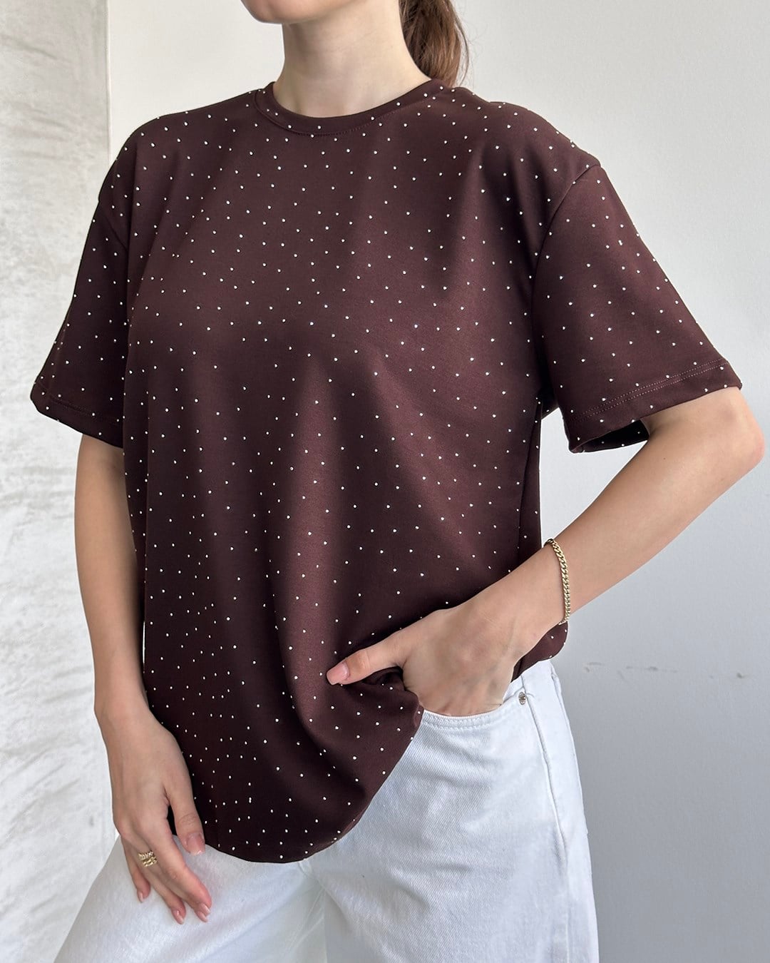 Taşlı Oversize Kahverengi Tişört