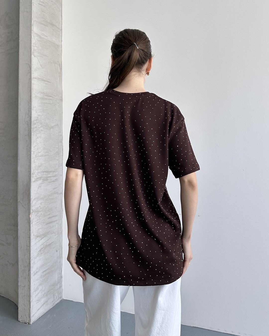Taşlı Oversize Kahverengi Tişört