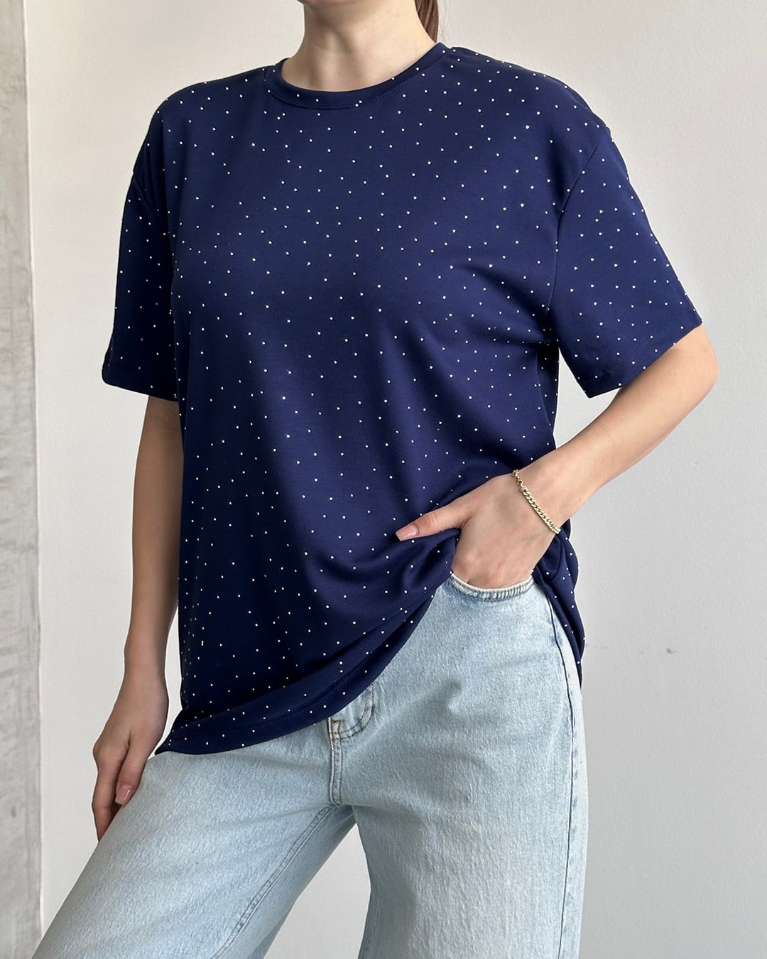 Taşlı Oversize Lacivert Tişört