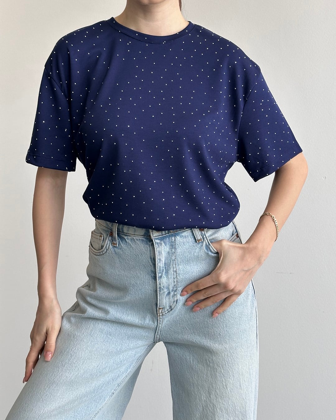 Taşlı Oversize Lacivert Tişört