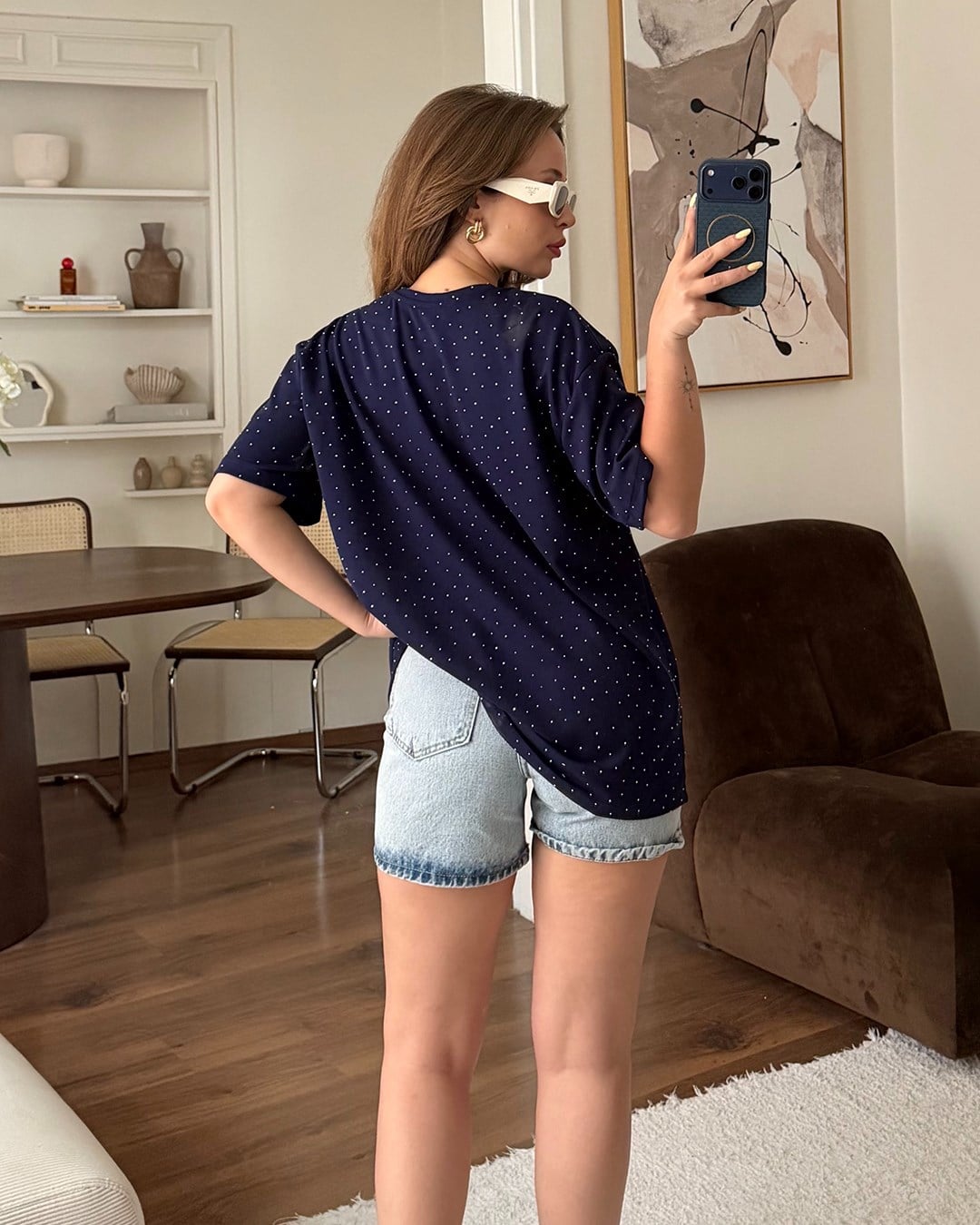 Taşlı Oversize Lacivert Tişört