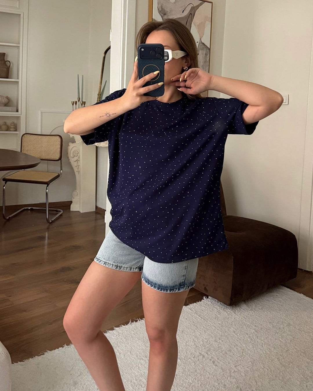 Taşlı Oversize Lacivert Tişört