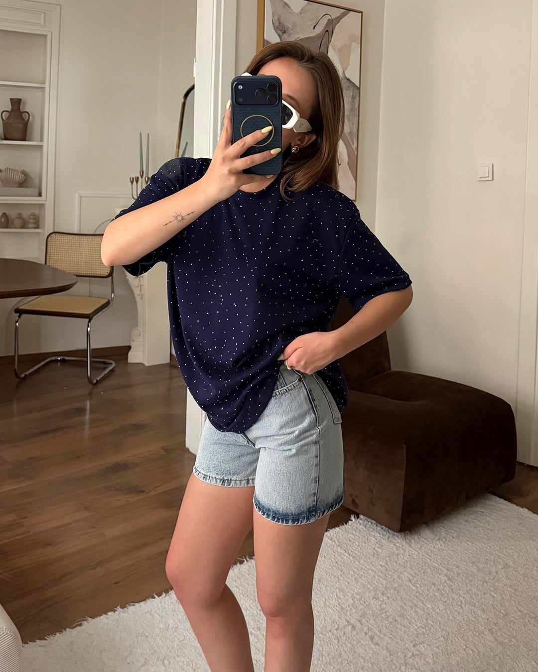 Taşlı Oversize Lacivert Tişört