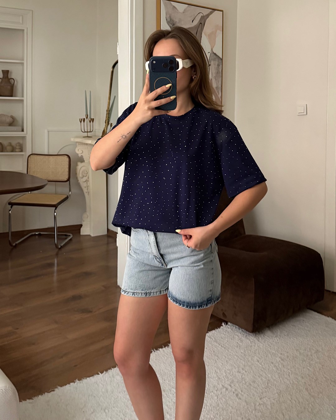 Taşlı Oversize Lacivert Tişört