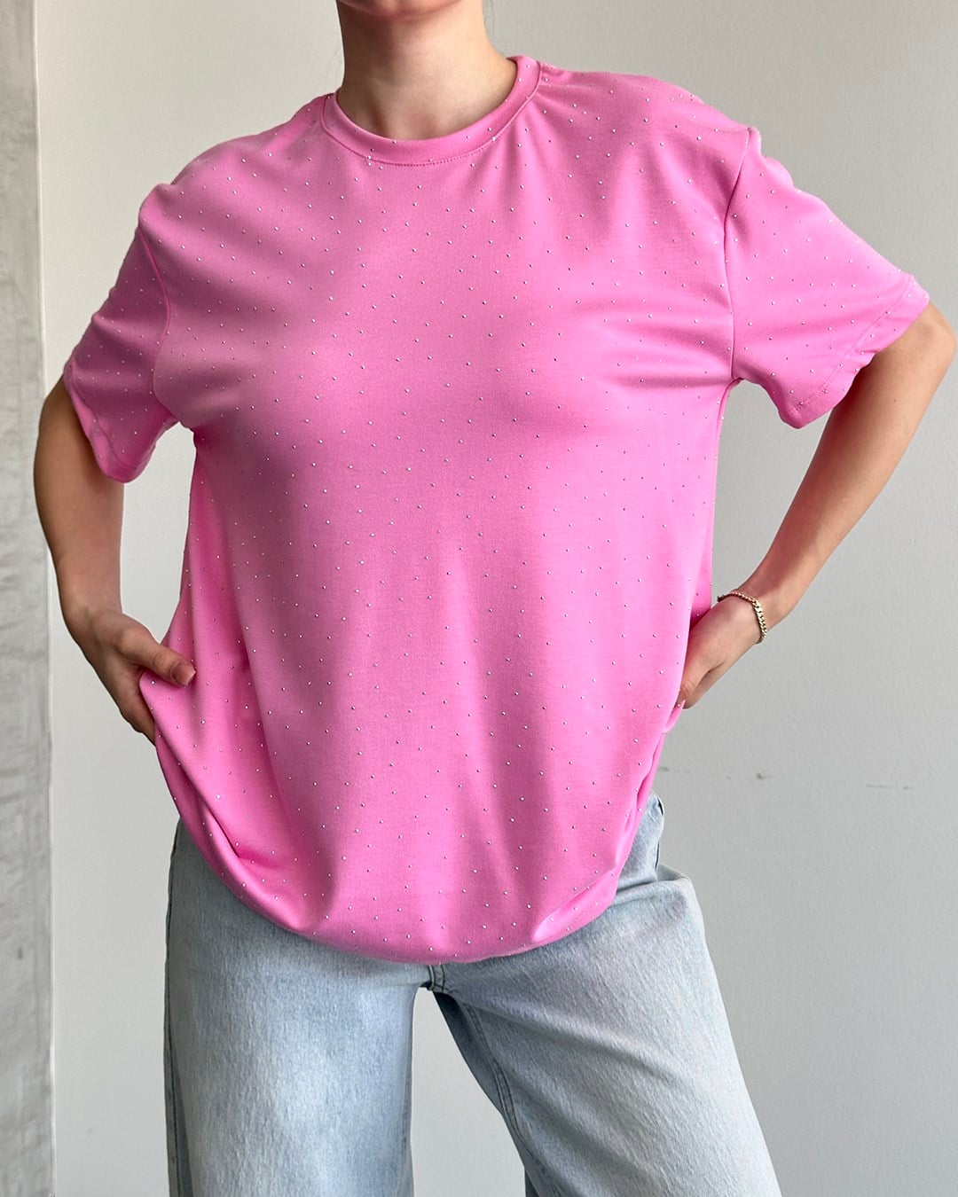 Taşlı Oversize Pembe Tişört
