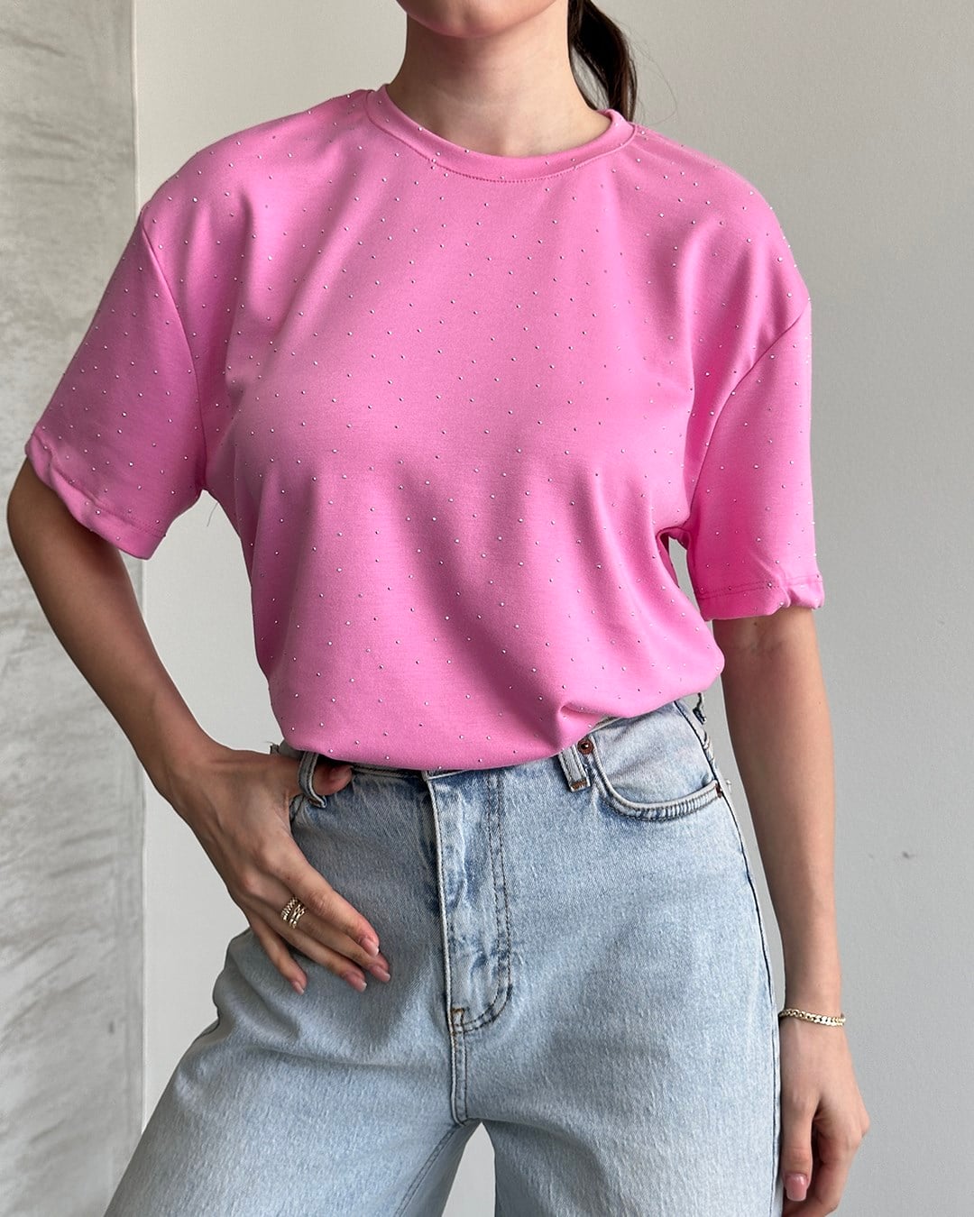 Taşlı Oversize Pembe Tişört