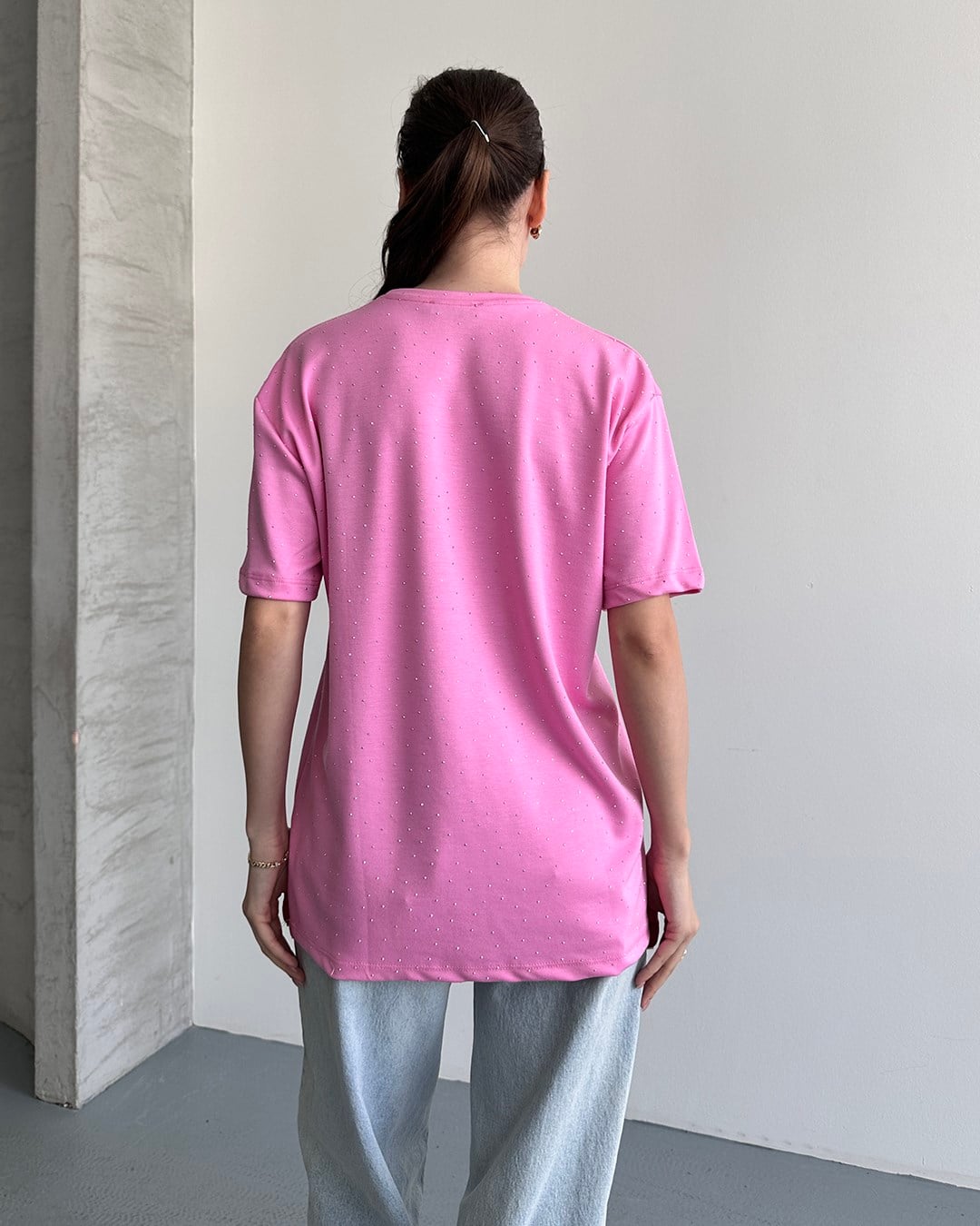 Taşlı Oversize Pembe Tişört