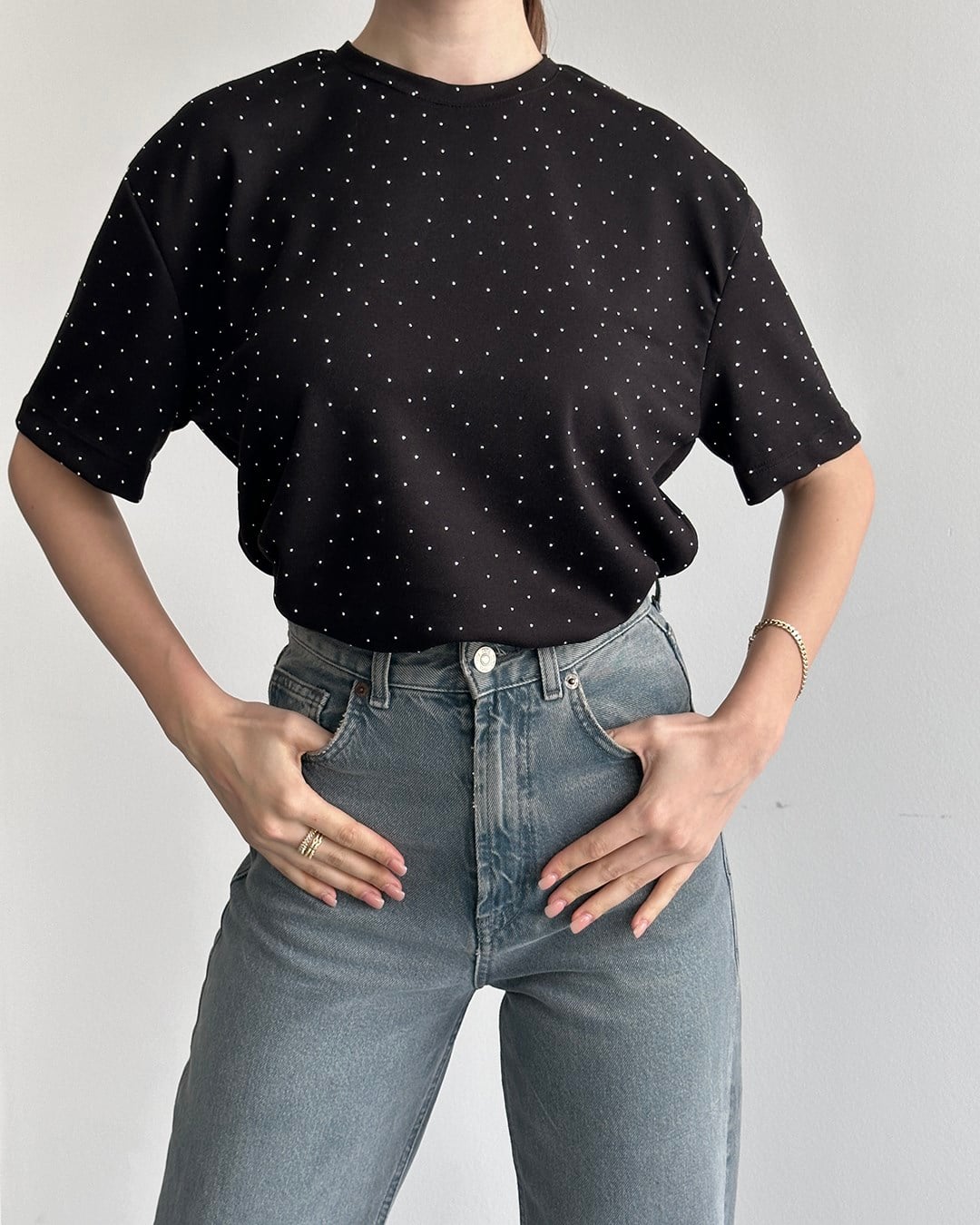 Taşlı Oversize Siyah Tişört