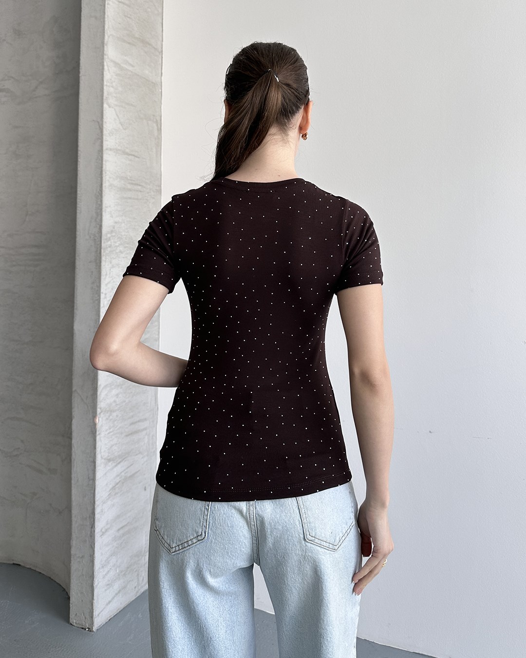 Taşlı Slim Fit Kahverengi Tişört 