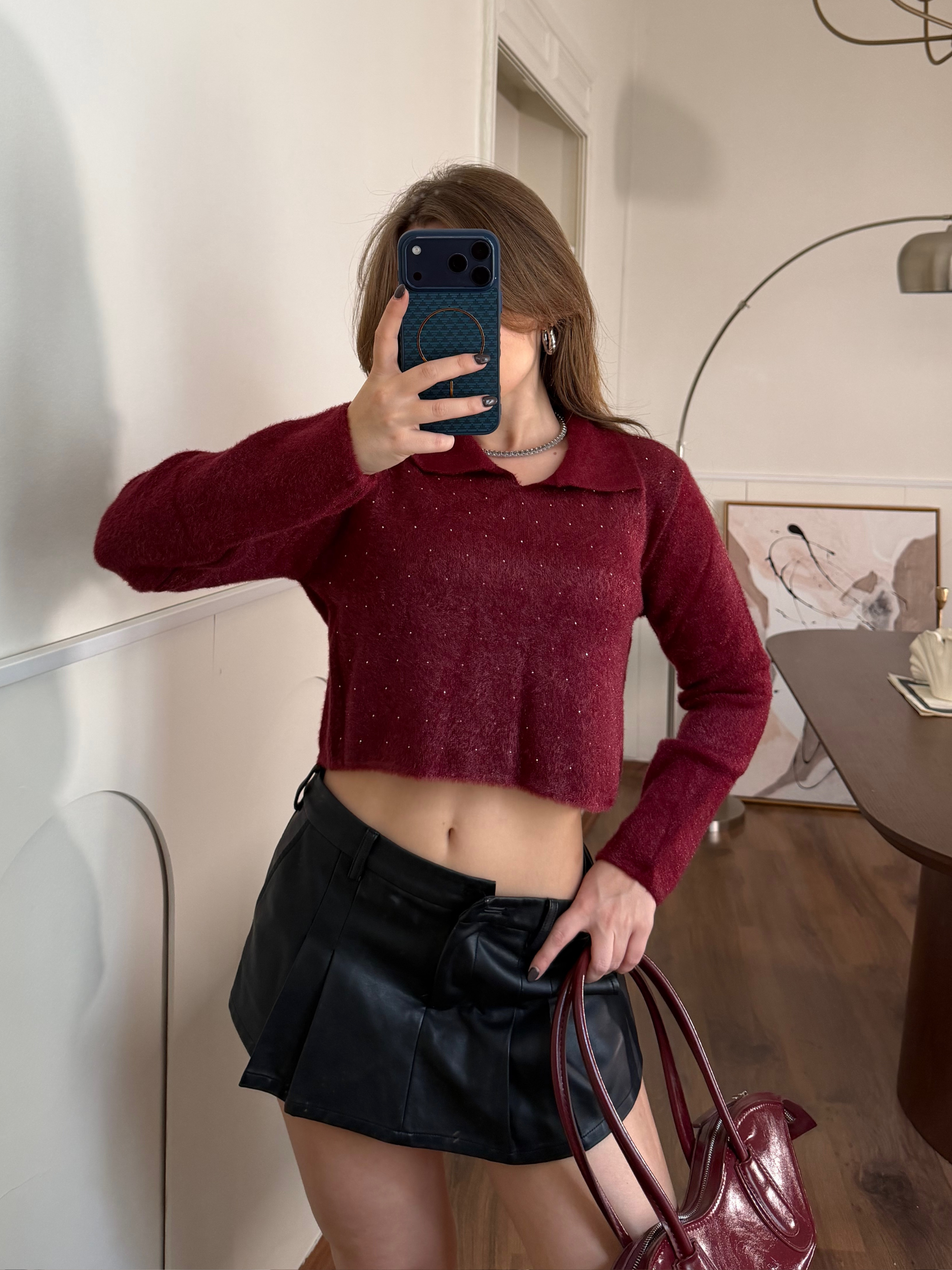 Taşlı Yakalı Bordo Crop Kazak