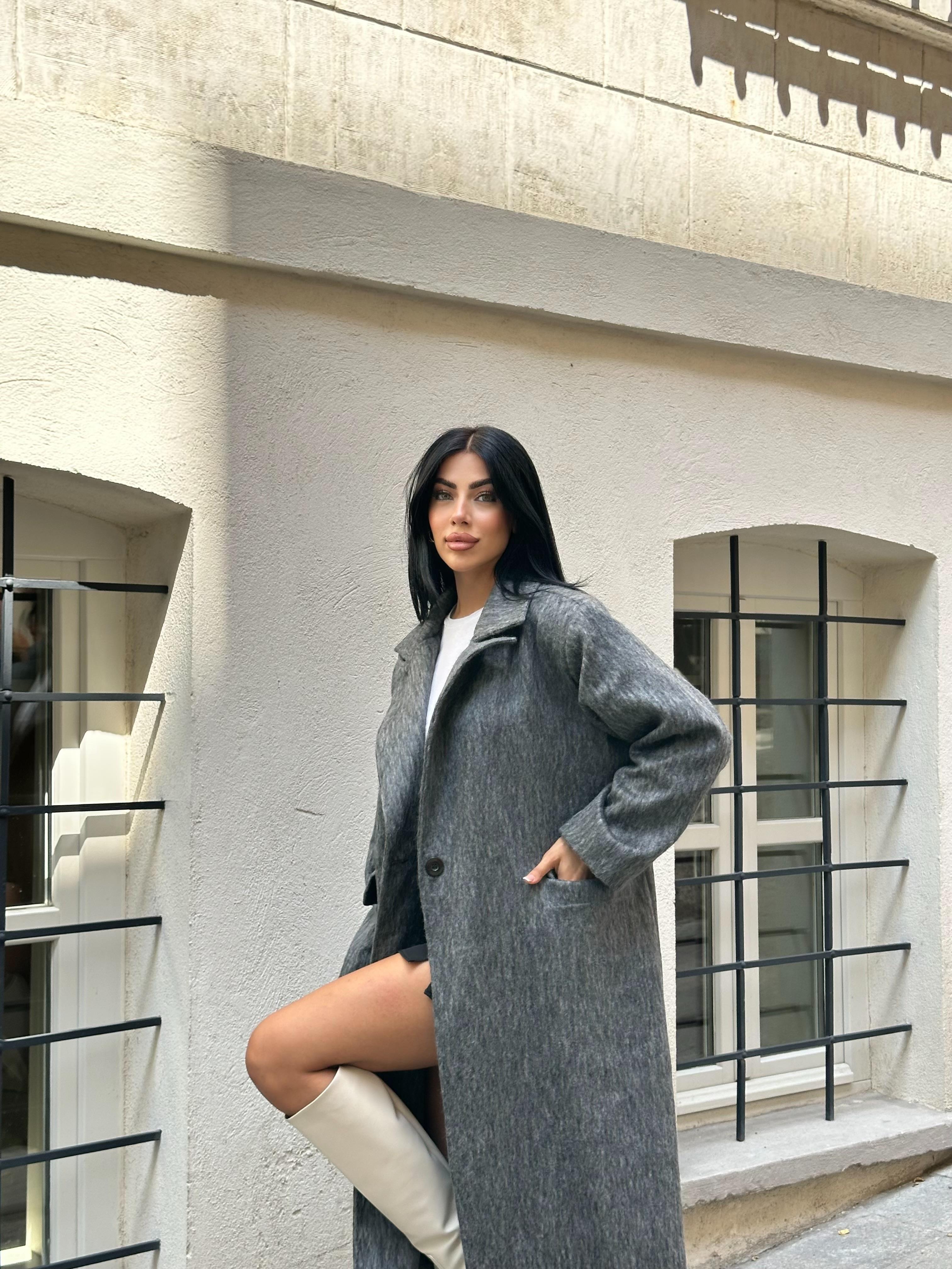 Tek Düğmeli Oversize Antrasit Yün Kaban