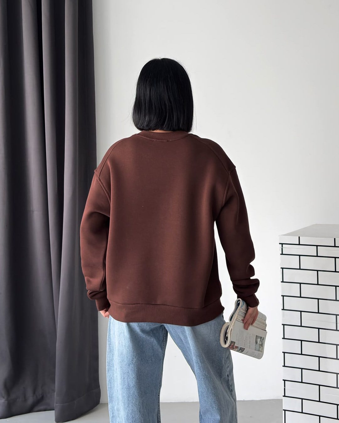 Unisex Düz Kahverengi Sweatshirt