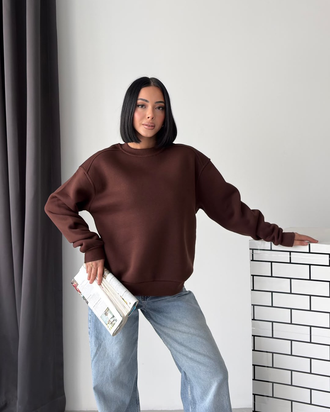 Unisex Düz Kahverengi Sweatshirt