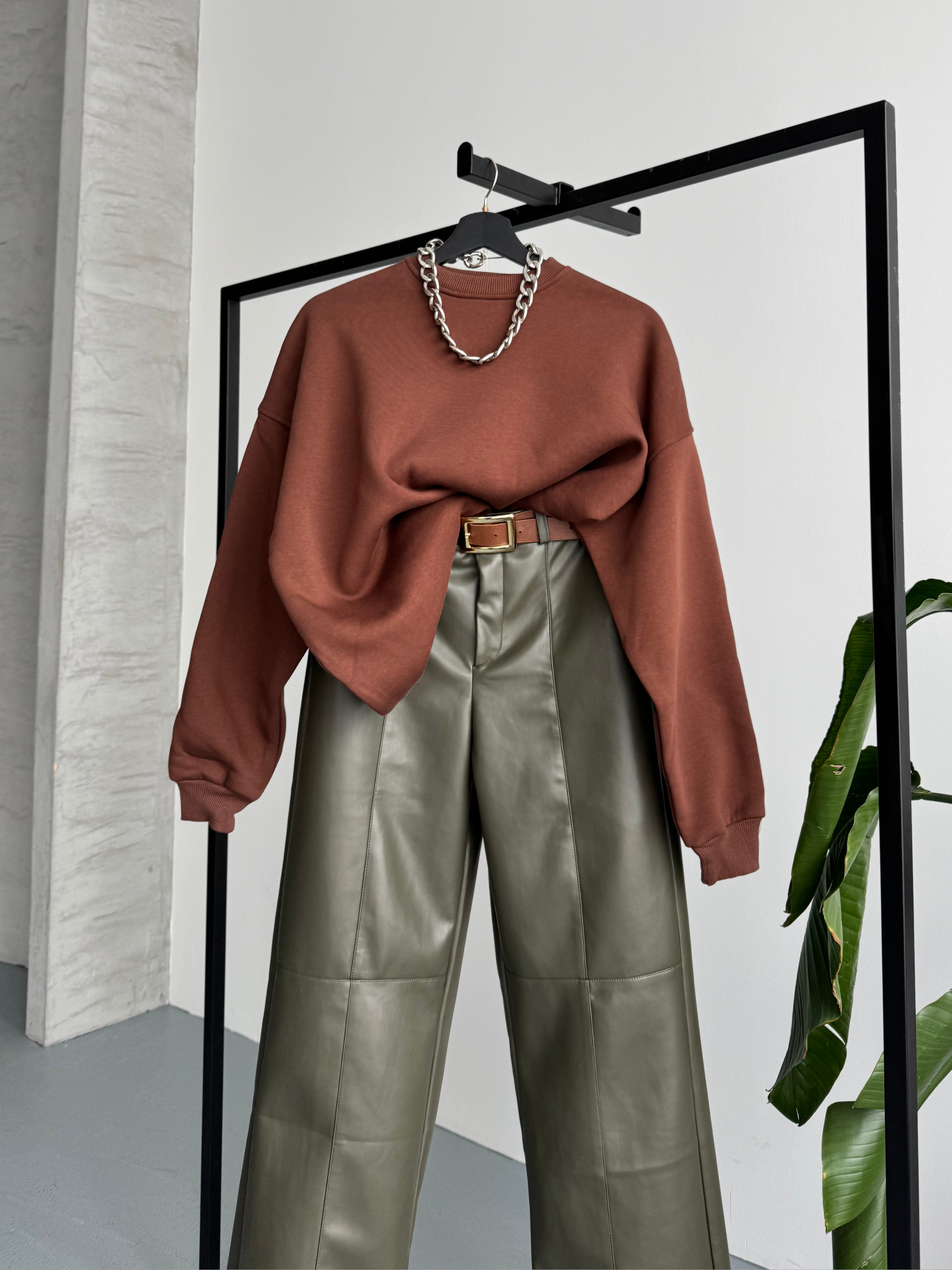 Unisex Düz Kahverengi Sweatshirt