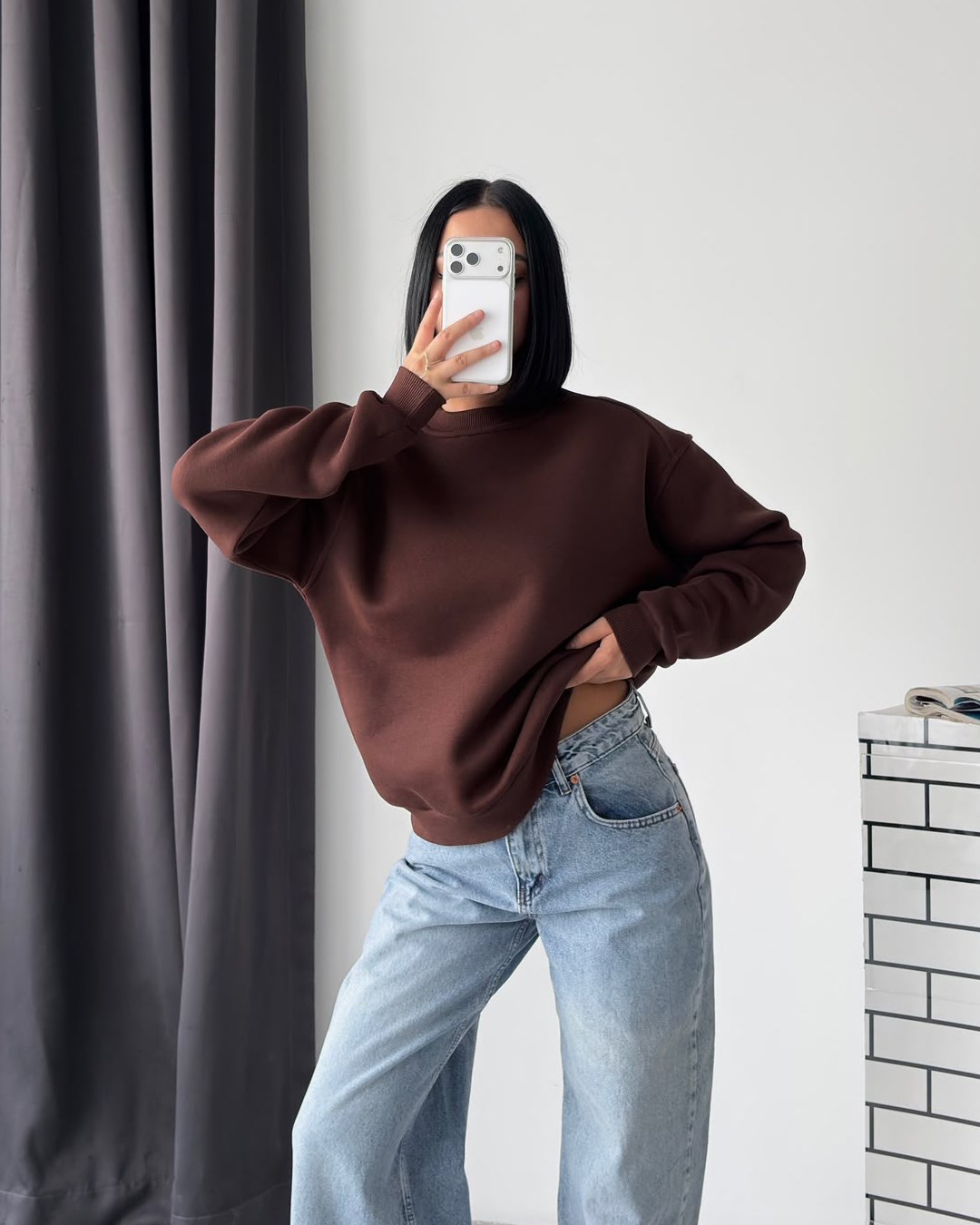 Unisex Düz Kahverengi Sweatshirt