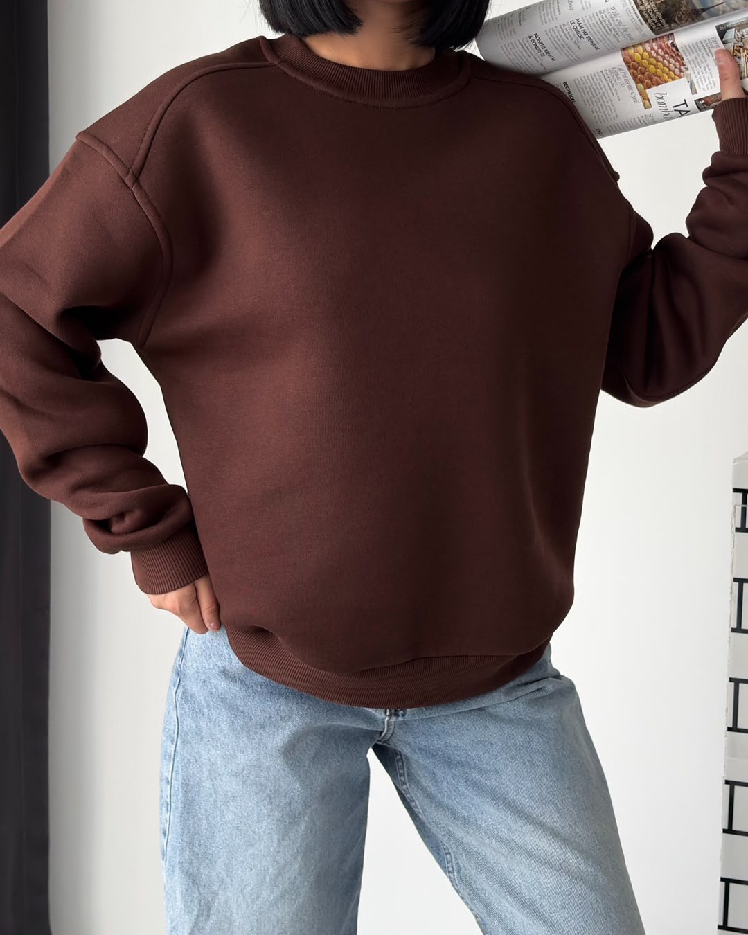 Unisex Düz Kahverengi Sweatshirt